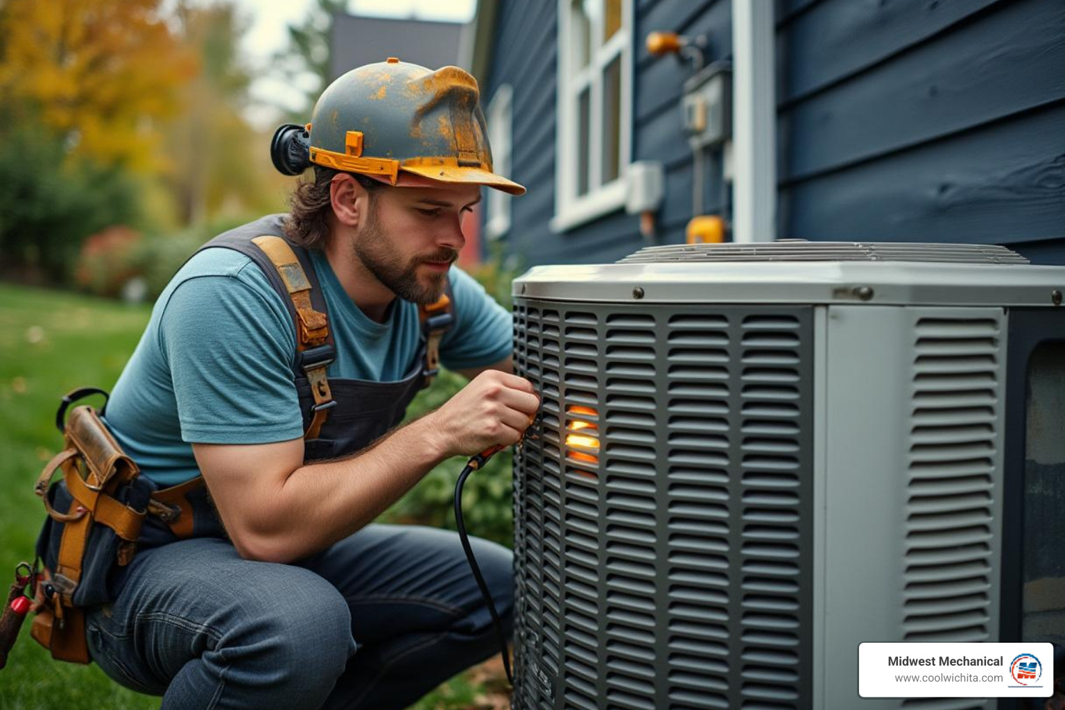 Homeowner safely inspecting an outdoor AC unit - air conditioning making noise in wichita ks