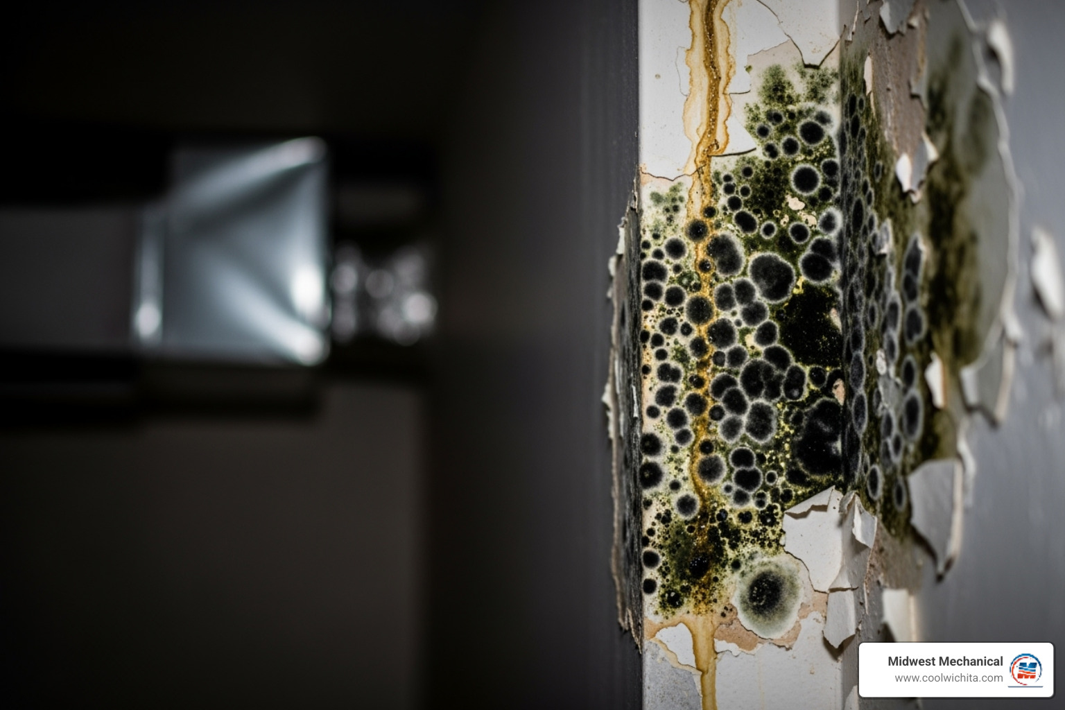 Mold growing on a damp wall near an HVAC unit - heating leaking in bel aire ks Mold growing on a damp wall near an HVAC unit - heating leaking in bel aire ks