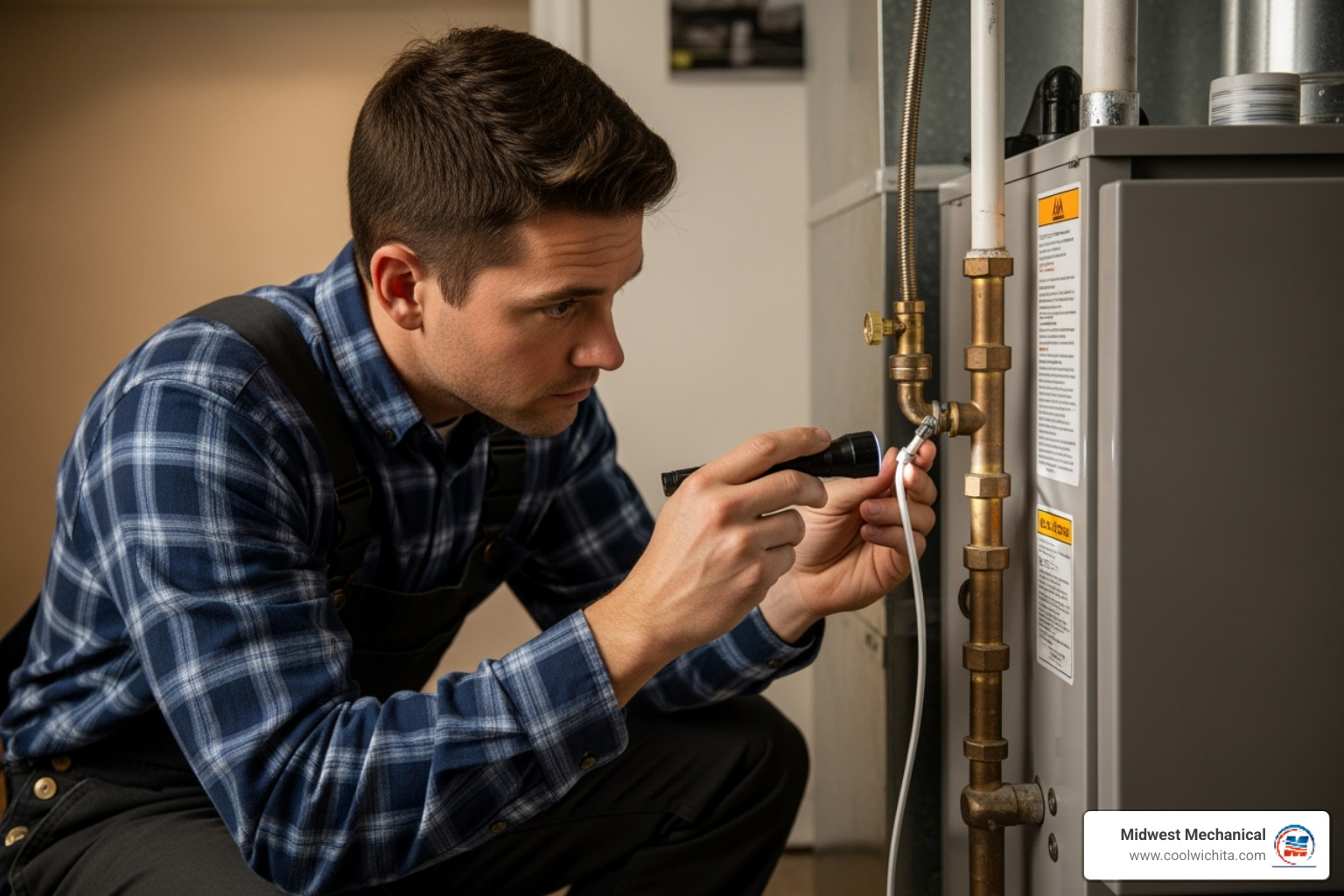 Technician inspecting a furnace condensate line - heating leaking in bel aire ks Technician inspecting a furnace condensate line - heating leaking in bel aire ks