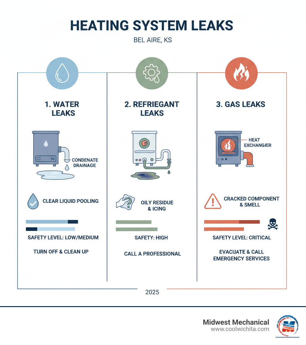 Infographic showing three types of heating system leaks: water leaks from condensate drainage with clear liquid pooling, refrigerant leaks from heat pumps with oily residue, and gas leaks from cracked heat exchangers with warning symbols, each with distinct visual indicators and safety levels - heating leaking in bel aire ks infographic  Infographic showing three types of heating system leaks: water leaks from condensate drainage with clear liquid pooling, refrigerant leaks from heat pumps with oily residue, and gas leaks from cracked heat exchangers with warning symbols, each with distinct visual indicators and safety levels - heating leaking in bel aire ks infographic