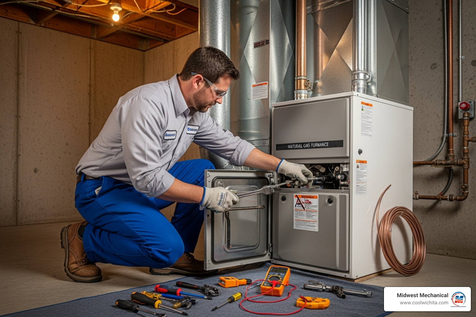 Professional technician installing a new furnace in a home - heating replacement in derby ks