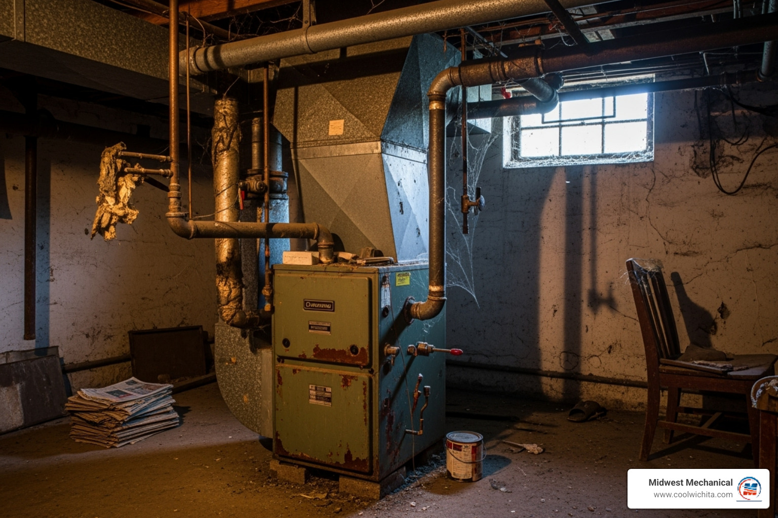 Old, dusty furnace in a dimly lit basement - heating replacement in derby ks