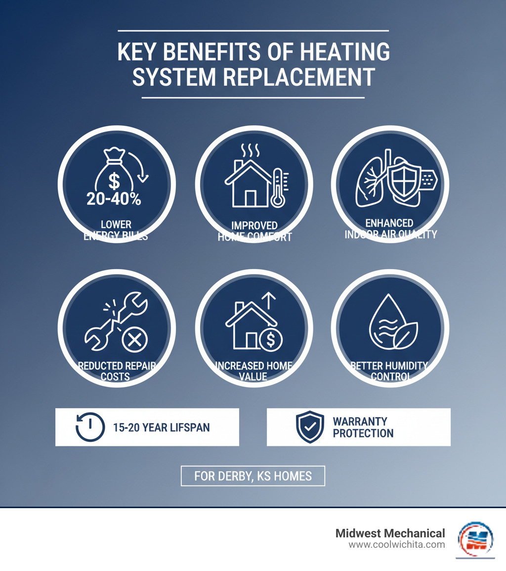 Infographic showing the key benefits of heating system replacement including lower energy bills by 20-40% with high-efficiency models, improved home comfort with consistent temperatures in all rooms, enhanced indoor air quality through advanced filtration, reduced repair costs by eliminating frequent breakdowns, increased home value with modern efficient equipment, better humidity control for Derby's climate, extended 15-20 year lifespan with proper maintenance, and warranty protection for peace of mind - heating replacement in derby ks infographic 