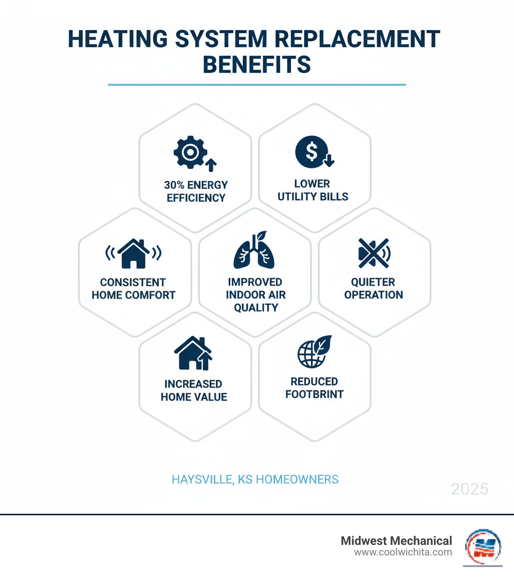 Infographic showing the key benefits of heating system replacement: 30% energy efficiency improvement, lower monthly utility bills, consistent home comfort, improved indoor air quality with reduced allergens, quieter operation, increased home value, and environmental benefits through reduced carbon footprint - heating replacement in haysville ks infographic  Infographic showing the key benefits of heating system replacement: 30% energy efficiency improvement, lower monthly utility bills, consistent home comfort, improved indoor air quality with reduced allergens, quieter operation, increased home value, and environmental benefits through reduced carbon footprint - heating replacement in haysville ks infographic