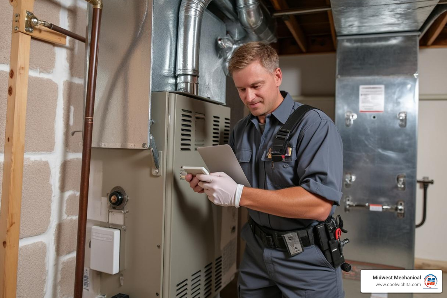 A professional technician installing a new furnace - heating replacement in haysville ks A professional technician installing a new furnace - heating replacement in haysville ks