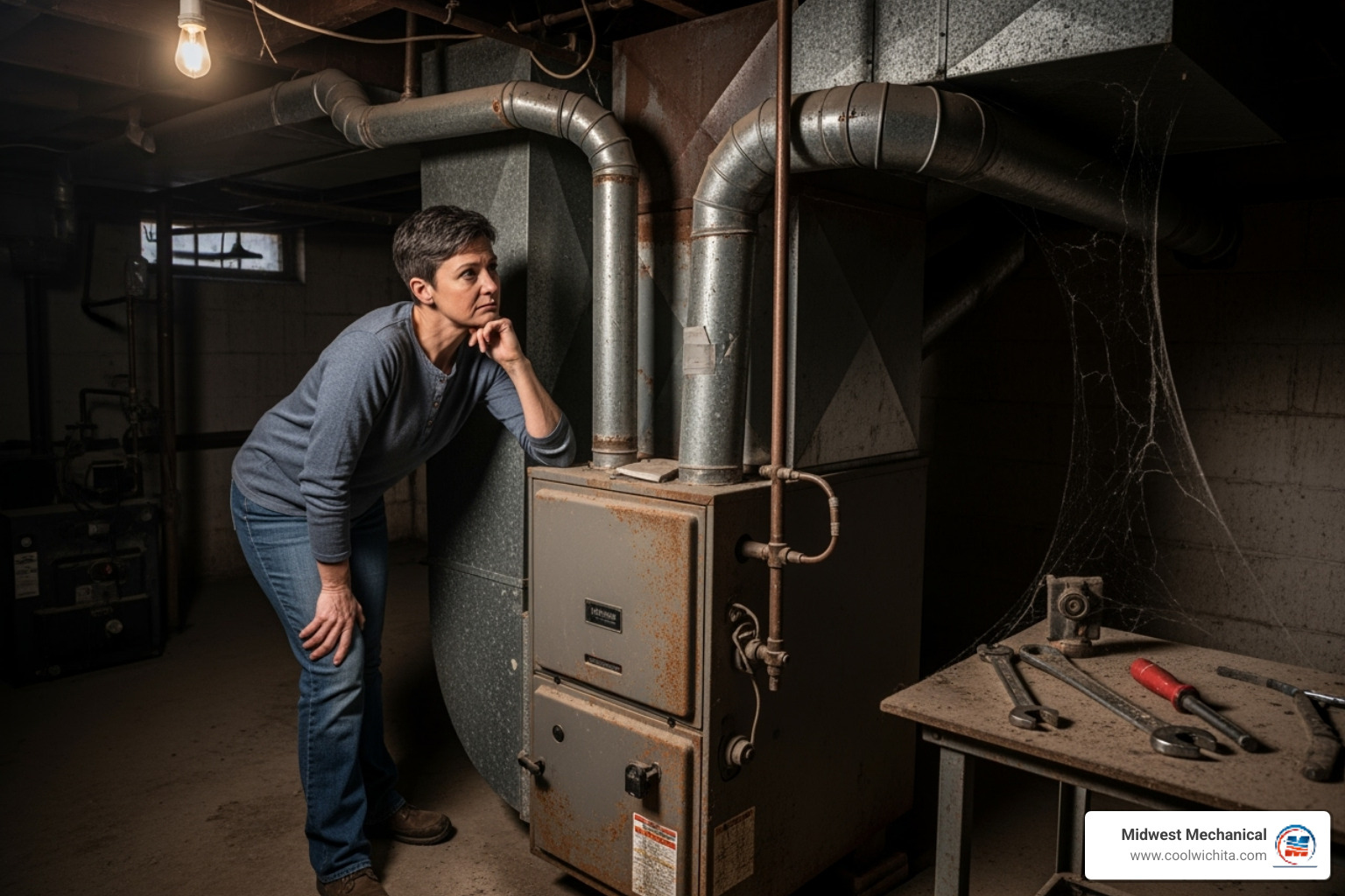 homeowner looking thoughtfully at an old, dusty furnace - heating replacement in maize ks