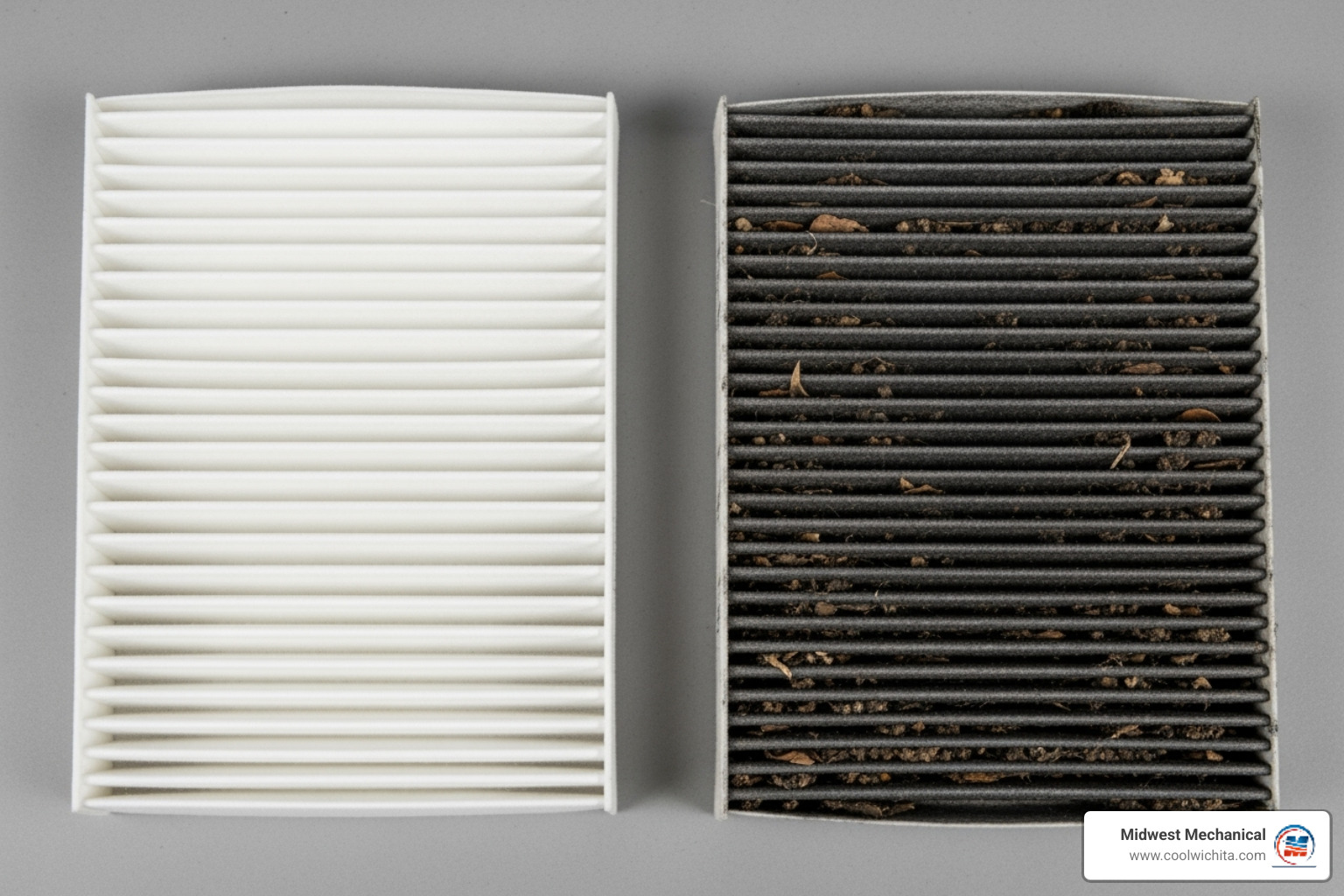 clean new air filter next to a dirty, clogged one - heating replacement in maize ks