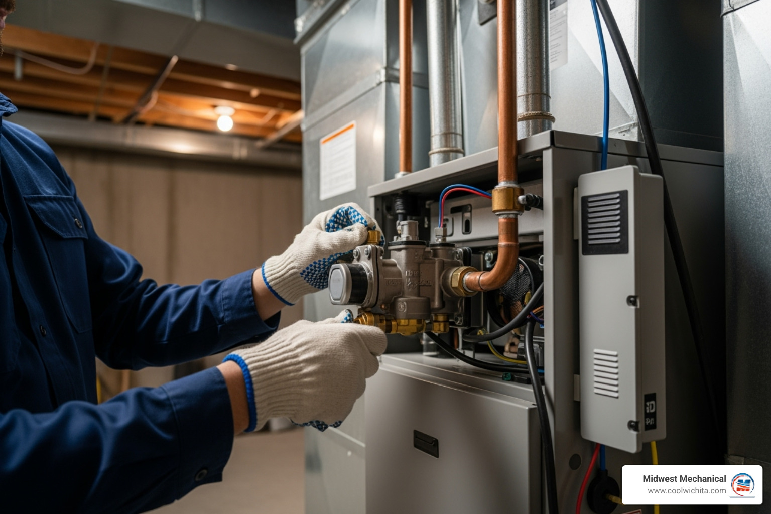 uniformed technician carefully installing a new furnace - heating replacement in maize ks
