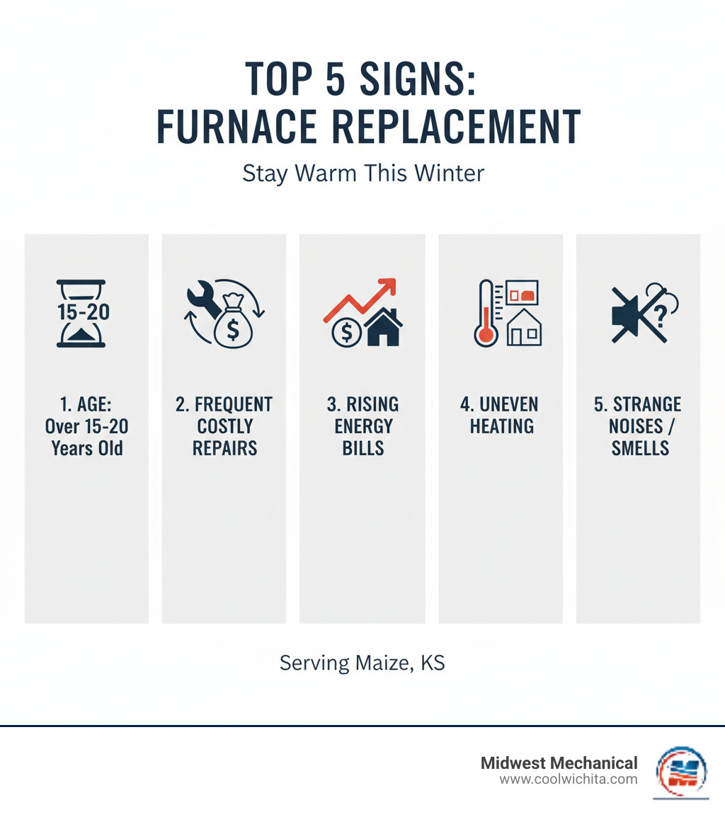 infographic showing the top 5 signs your old furnace needs replacement: age over 15-20 years, frequent costly repairs, rising energy bills without usage increase, uneven heating between rooms, and strange noises or smells - heating replacement in maize ks infographic 