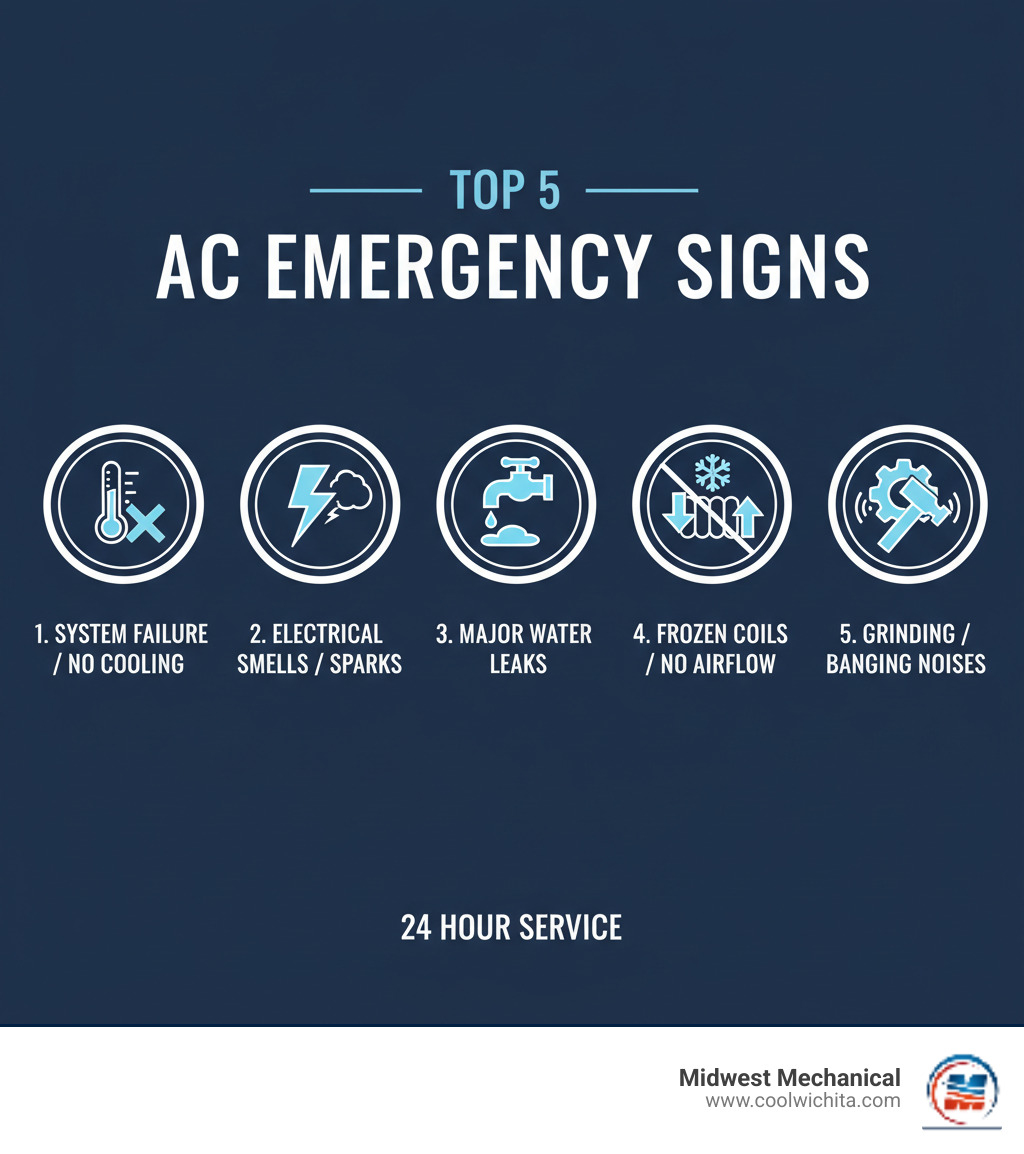 Infographic showing top 5 signs of an AC emergency: 1. Complete system failure with no cooling, 2. Strange electrical smells or visible sparks, 3. Major water leaks pooling around the unit, 4. Frozen evaporator coils causing no airflow, 5. Loud grinding or banging noises from the system - 24 hour air conditioning service in valley center ks infographic Infographic showing top 5 signs of an AC emergency: 1. Complete system failure with no cooling, 2. Strange electrical smells or visible sparks, 3. Major water leaks pooling around the unit, 4. Frozen evaporator coils causing no airflow, 5. Loud grinding or banging noises from the system - 24 hour air conditioning service in valley center ks infographic
