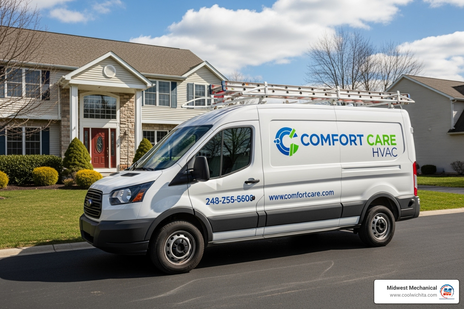 Professional HVAC technician's van parked at a residential home - 24 hour air conditioning service in valley center ks Professional HVAC technician's van parked at a residential home - 24 hour air conditioning service in valley center ks
