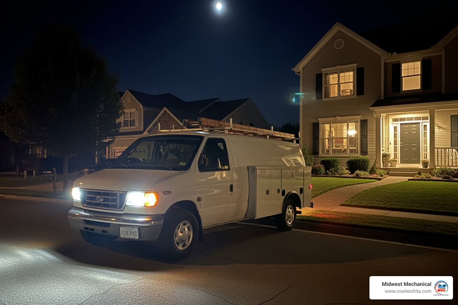 A service van from Midwest Mechanical at night outside a Derby, KS home, with lights on, indicating 24/7 emergency service. - 24/7 indoor air quality repair in derby ks