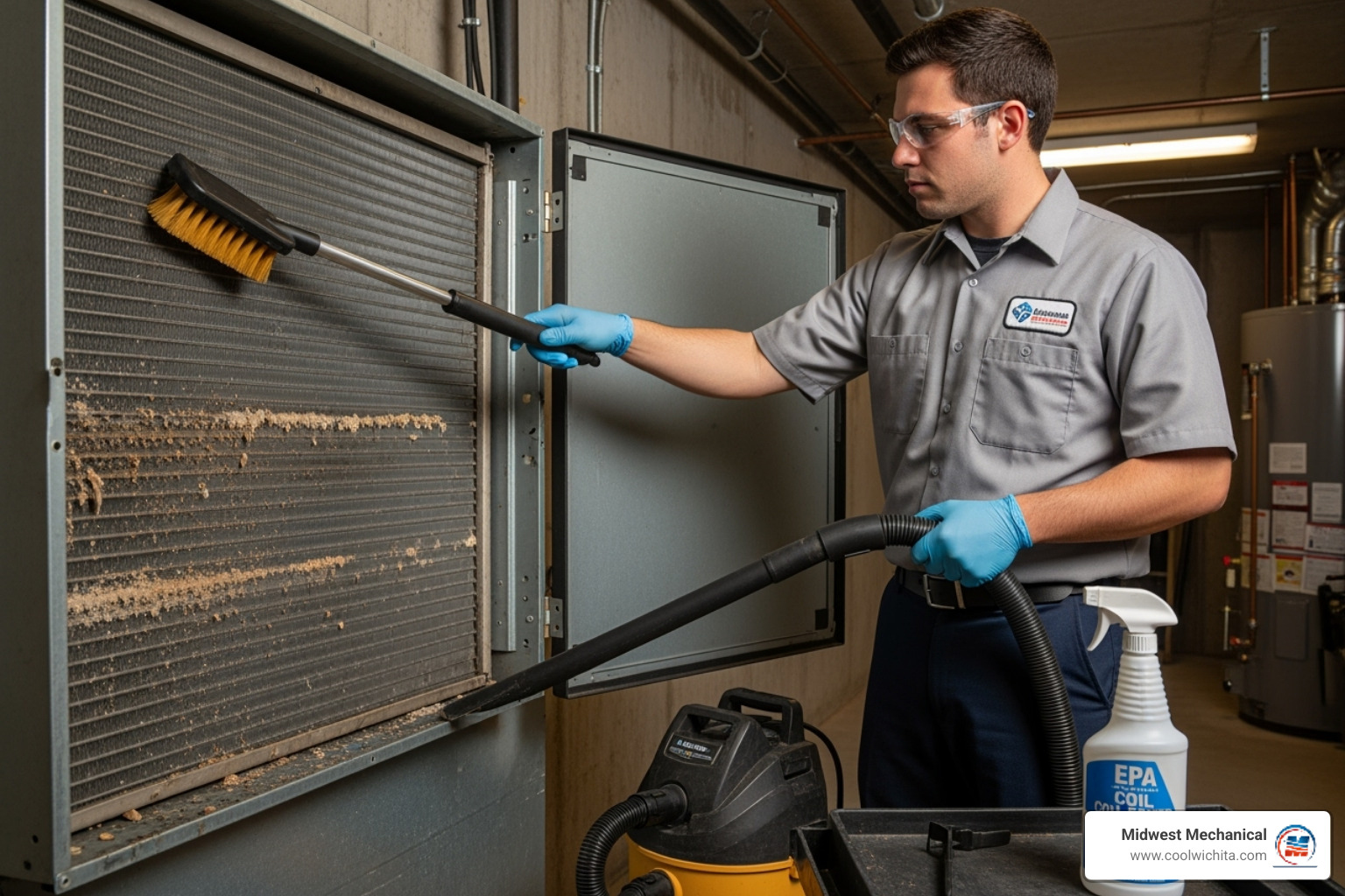 A technician cleaning an HVAC coil, highlighting the importance of preventative maintenance. - 24/7 indoor air quality repair in derby ks