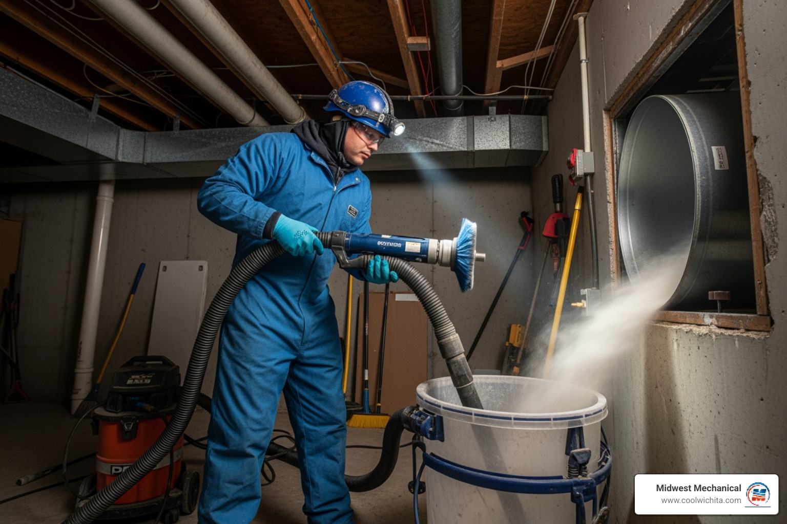 A technician wearing protective gear, using a specialized rotary brush and vacuum system to clean the inside of an air duct, with dust and debris being extracted into a collection unit - duct cleaning indoor air quality in cheney ks A technician wearing protective gear, using a specialized rotary brush and vacuum system to clean the inside of an air duct, with dust and debris being extracted into a collection unit - duct cleaning indoor air quality in cheney ks