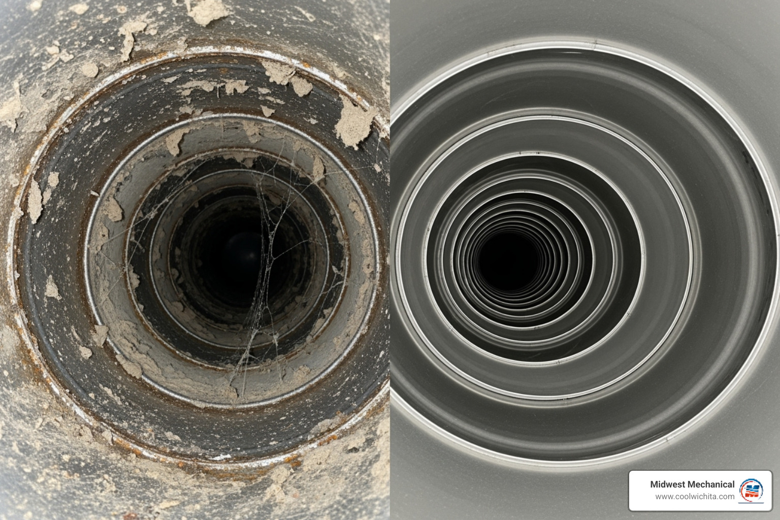 Before and after comparison of a dirty, dusty air duct and a clean, shiny air duct - duct cleaning indoor air quality in cheney ks Before and after comparison of a dirty, dusty air duct and a clean, shiny air duct - duct cleaning indoor air quality in cheney ks