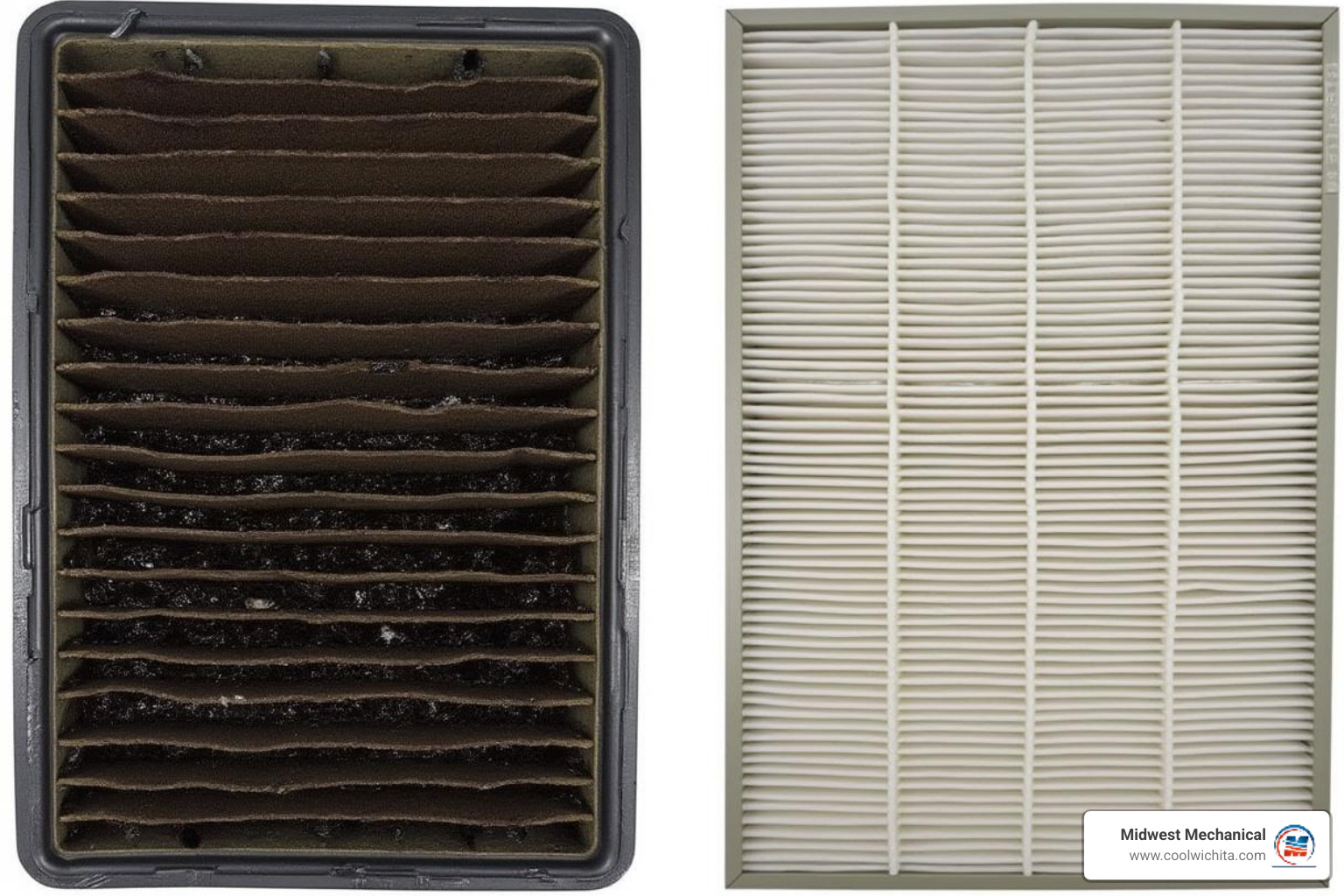 A dirty, clogged air filter next to a clean one - air conditioning broken in valley center ks A dirty, clogged air filter next to a clean one - air conditioning broken in valley center ks
