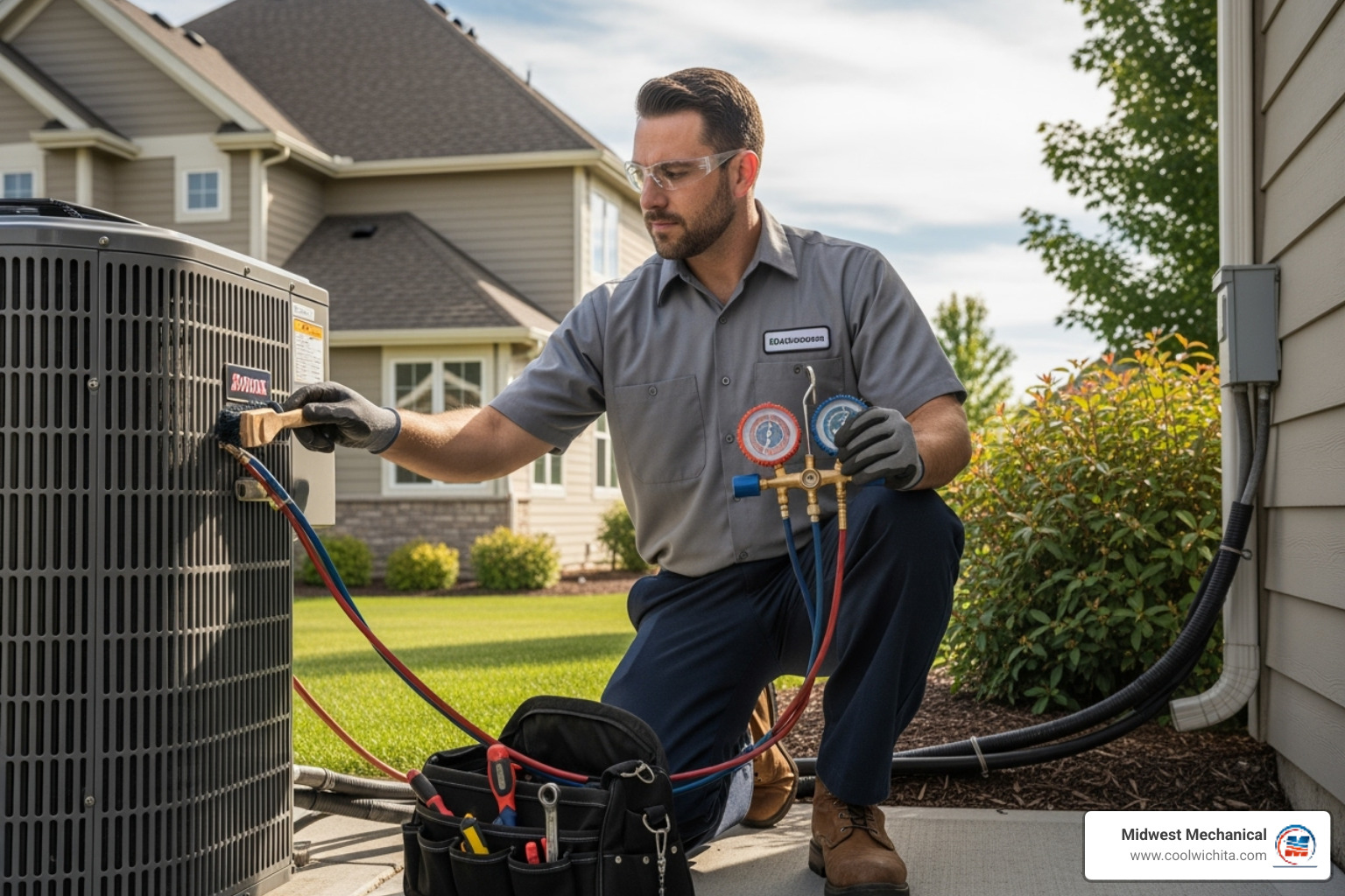Technician performing a tune-up on an air conditioner - air conditioning company near me in valley center ks Technician performing a tune-up on an air conditioner - air conditioning company near me in valley center ks
