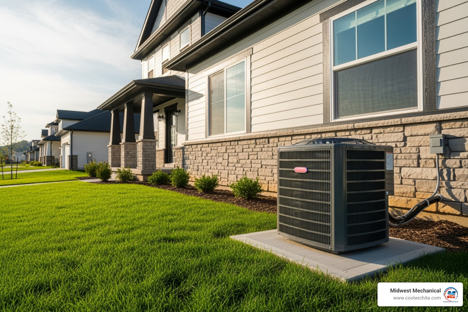 Clean, modern outdoor AC unit next to a well-kept home - air conditioning company near me in valley center ks Clean, modern outdoor AC unit next to a well-kept home - air conditioning company near me in valley center ks