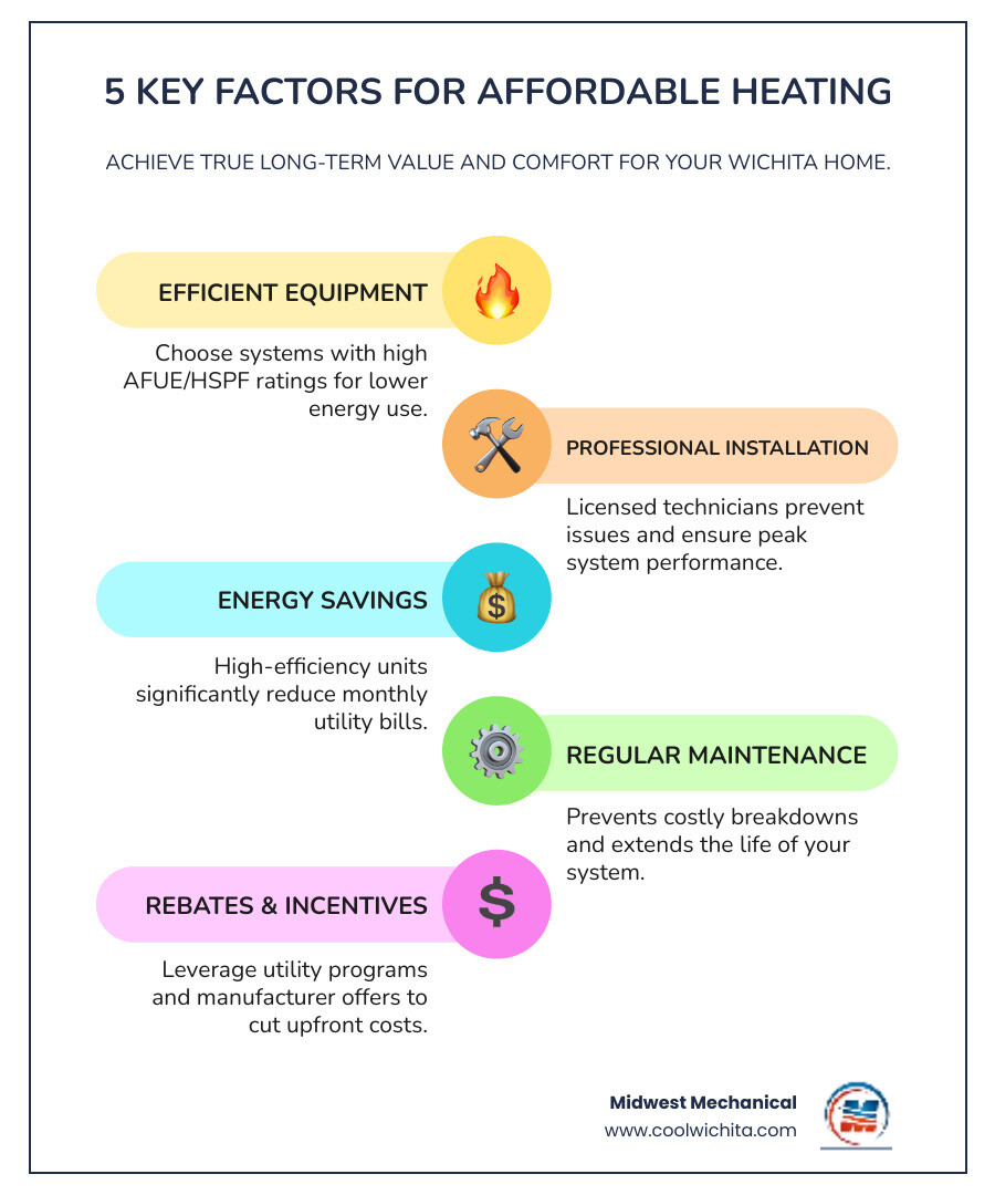 Infographic showing the 5 key factors of an affordable heating system: 1) Equipment selection with high efficiency ratings, 2) Professional installation by licensed technicians, 3) Energy efficiency that lowers monthly bills, 4) Regular maintenance to prevent breakdowns, and 5) Available rebates and incentives from utilities and manufacturers - affordable heating installation in wichita ks infographic infographic-line-5-steps-colors Infographic showing the 5 key factors of an affordable heating system: 1) Equipment selection with high efficiency ratings, 2) Professional installation by licensed technicians, 3) Energy efficiency that lowers monthly bills, 4) Regular maintenance to prevent breakdowns, and 5) Available rebates and incentives from utilities and manufacturers - affordable heating installation in wichita ks infographic infographic-line-5-steps-colors