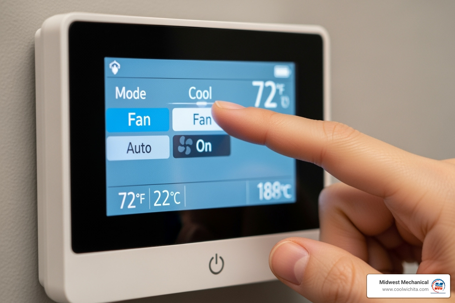 person switching a thermostat to the 'Fan On' setting - air conditioning frozen in valley center ks