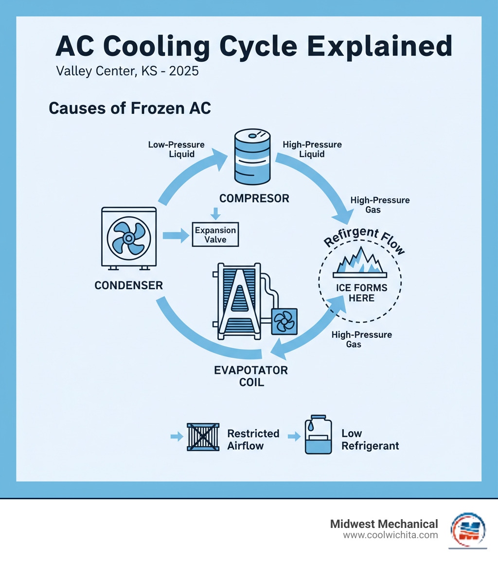 infographic explaining the basic air conditioning cooling cycle with labeled components including compressor, condenser, evaporator coil, and refrigerant flow, highlighting where ice formation occurs on the evaporator coil when airflow is restricted or refrigerant is low - air conditioning frozen in valley center ks infographic 