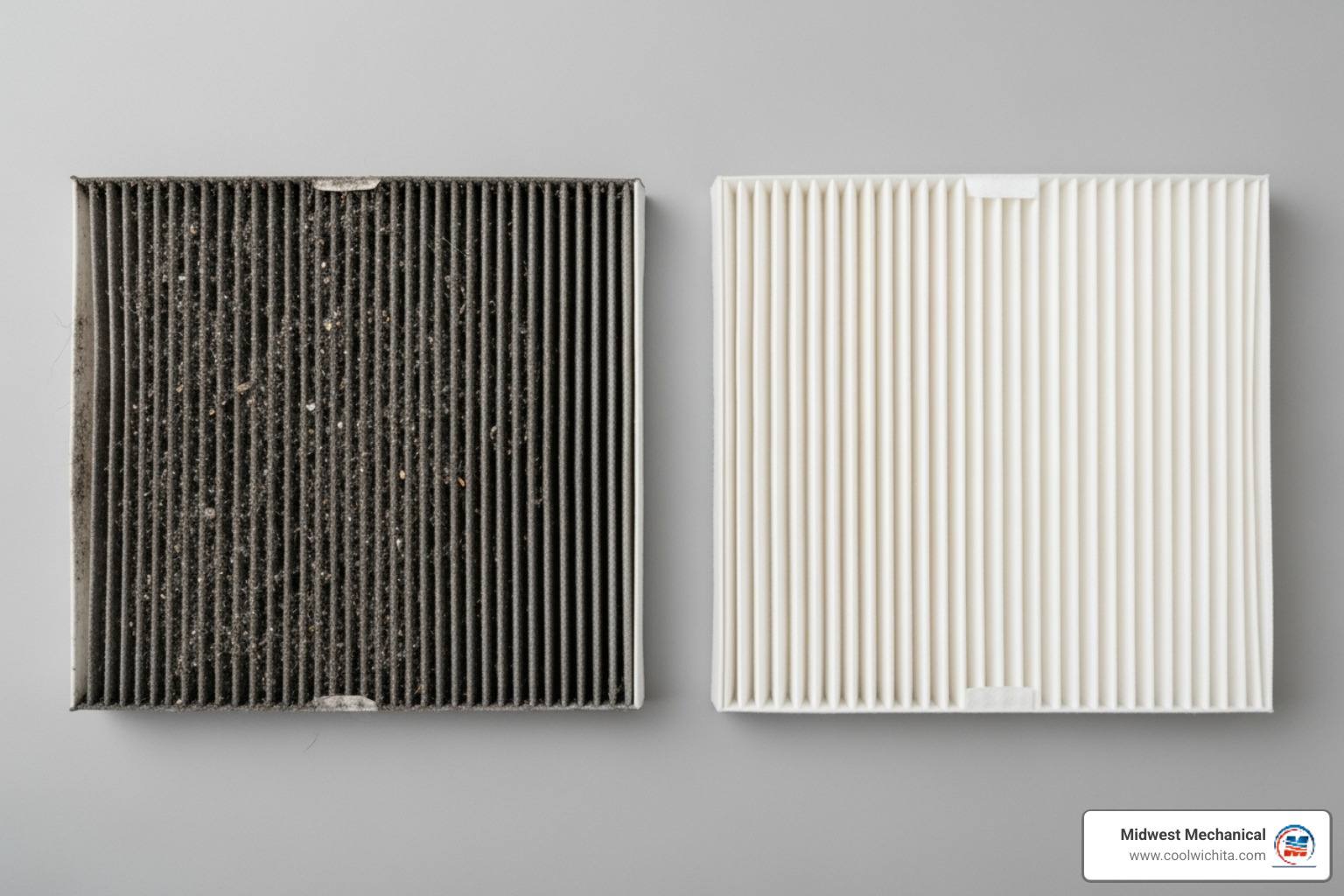dirty, clogged air filter next to a clean one - air conditioning frozen in valley center ks