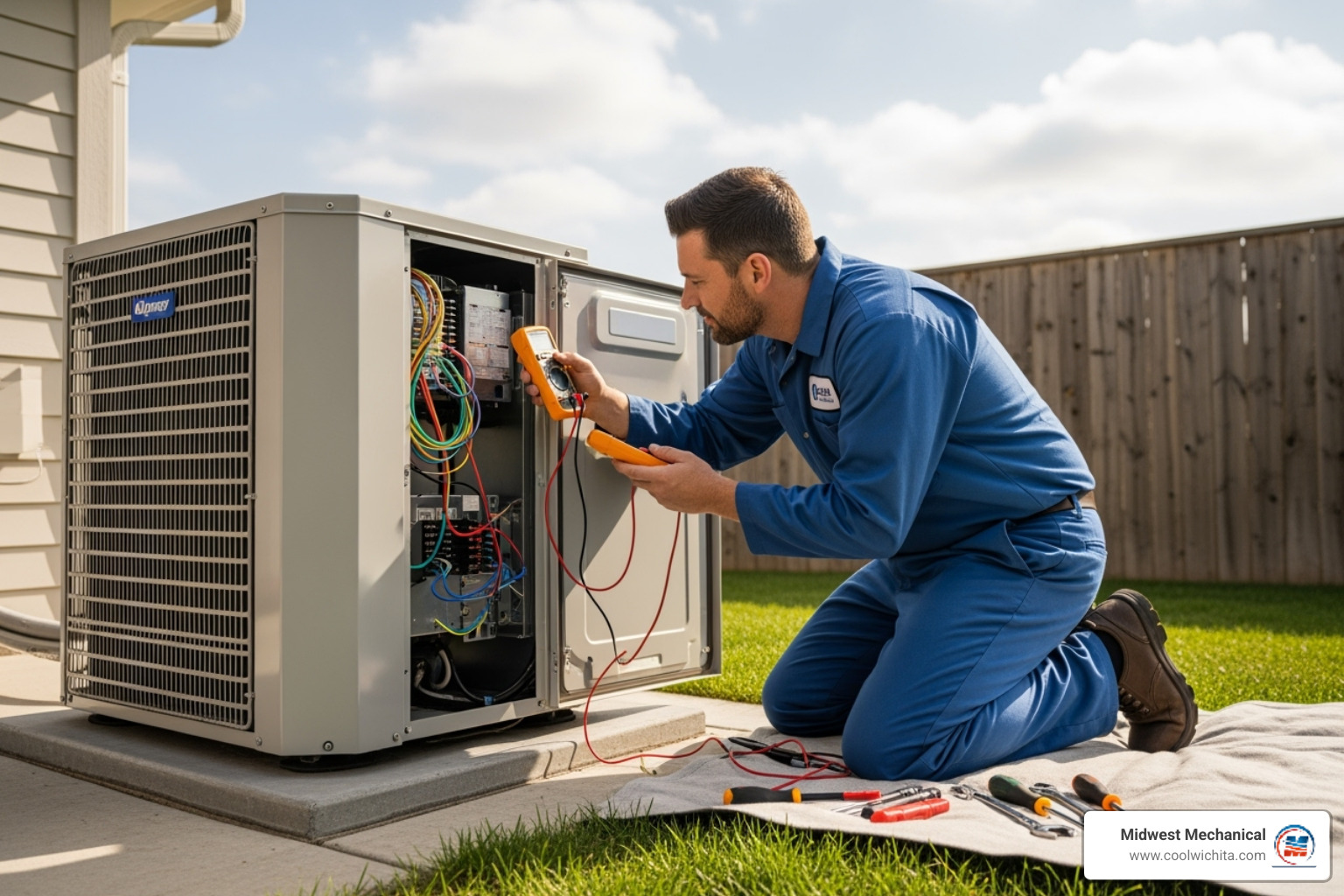 A technician inspecting an outdoor HVAC unit, checking connections and components. - 24/7 indoor air quality repair in maize ks