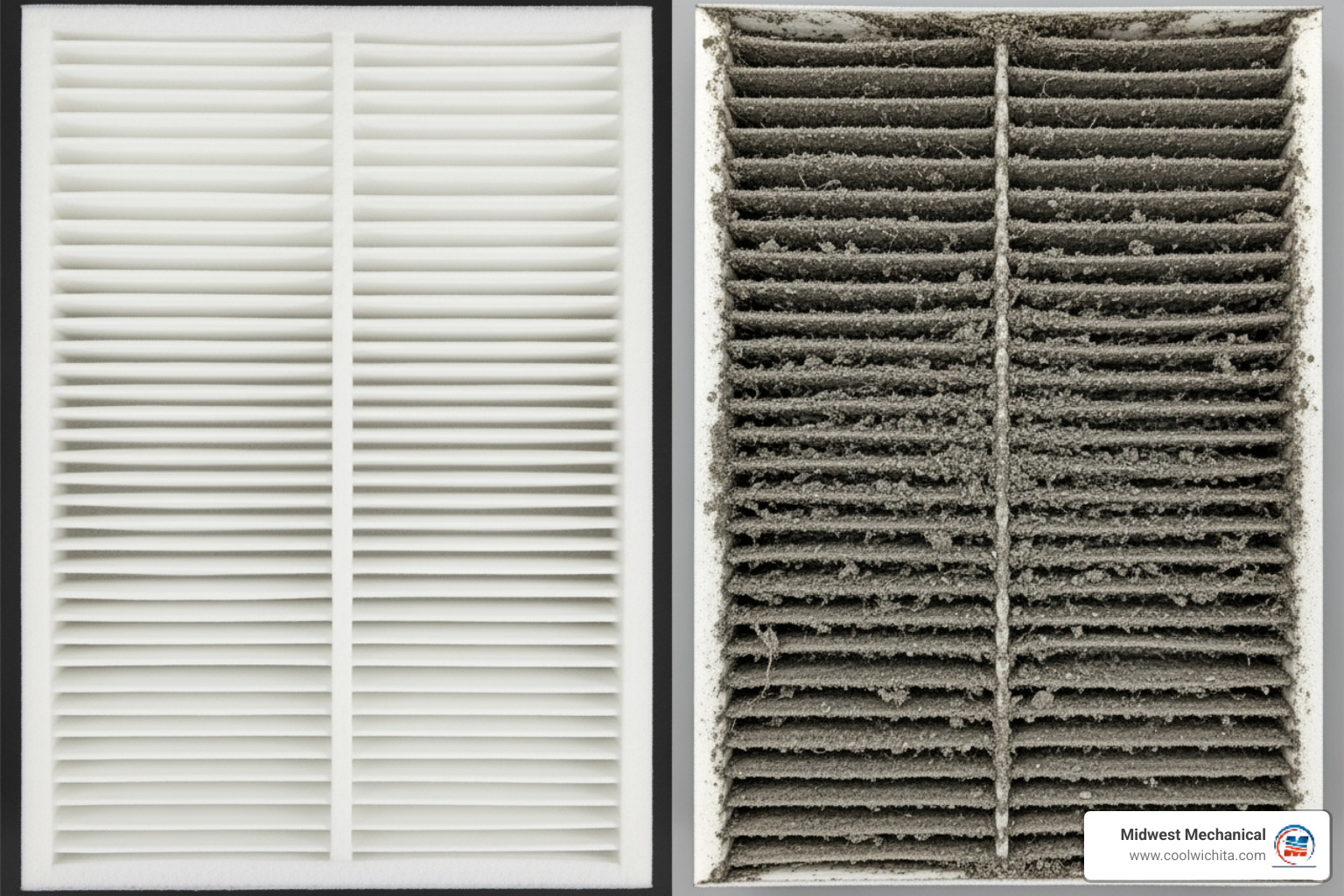 A side-by-side comparison of a clean HVAC air filter and a heavily soiled, dirty air filter. - 24/7 indoor air quality repair in maize ks