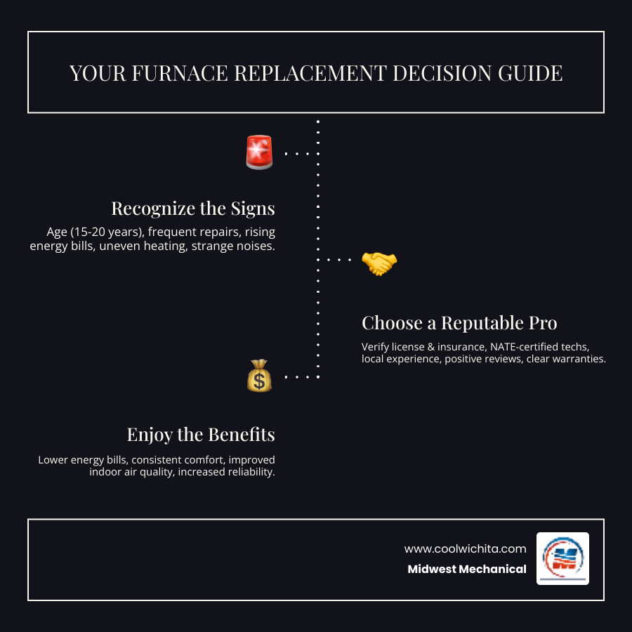 Infographic showing the furnace replacement decision process: signs of failure including age over 15 years, frequent repairs, rising energy bills, and uneven heating; steps to find a contractor including verifying licenses, checking certifications, reading reviews, and asking about warranties; and benefits of replacement including lower bills, consistent comfort, and improved air quality - My old furnace needs to be replaced. Who does furnace replacement near me in the Goddard area?" infographic infographic-line-3-steps-dark