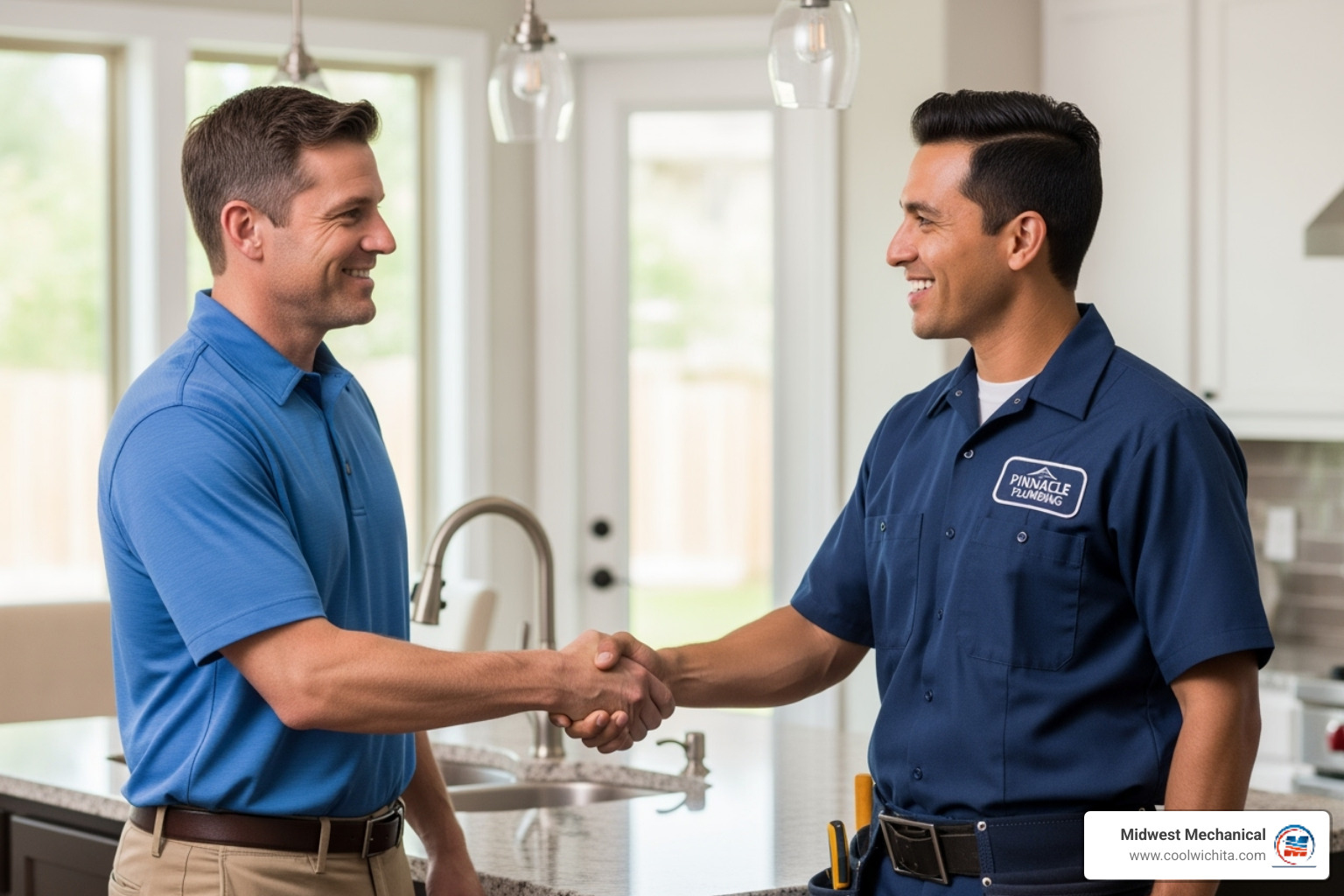 A homeowner in Derby, KS, shaking hands with a professional plumber in a clean uniform, smiling after a successful service. - licensed plumbing contractor in derby ks