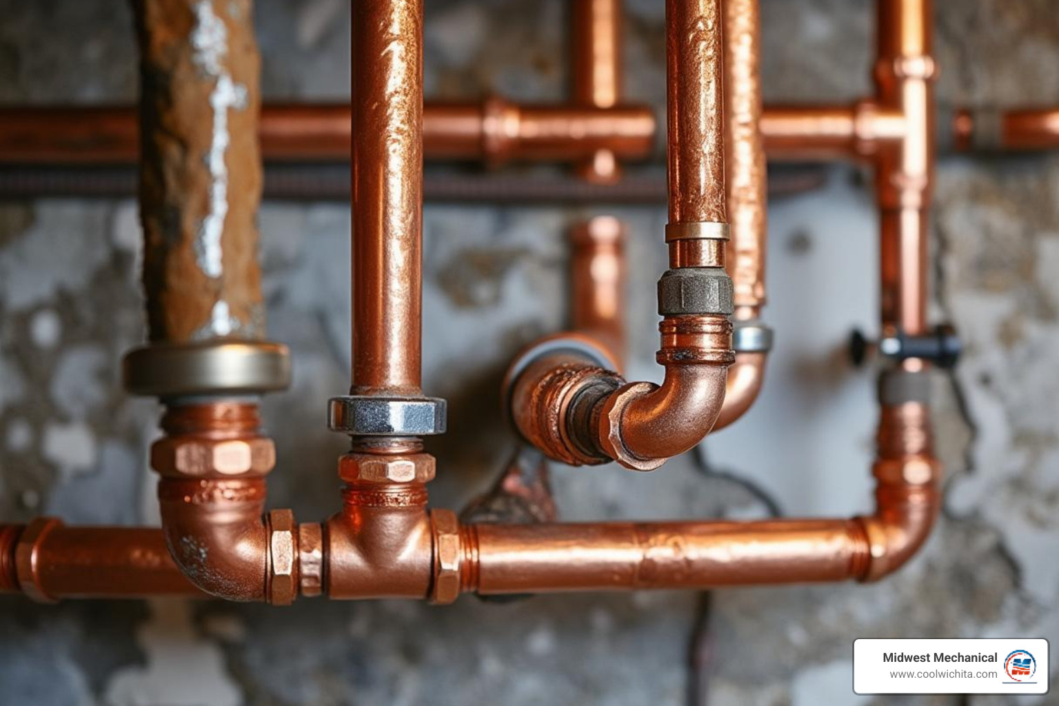 A section of newly installed, clean copper pipes running along a basement wall, showcasing professional plumbing work. - licensed plumbing contractor in derby ks