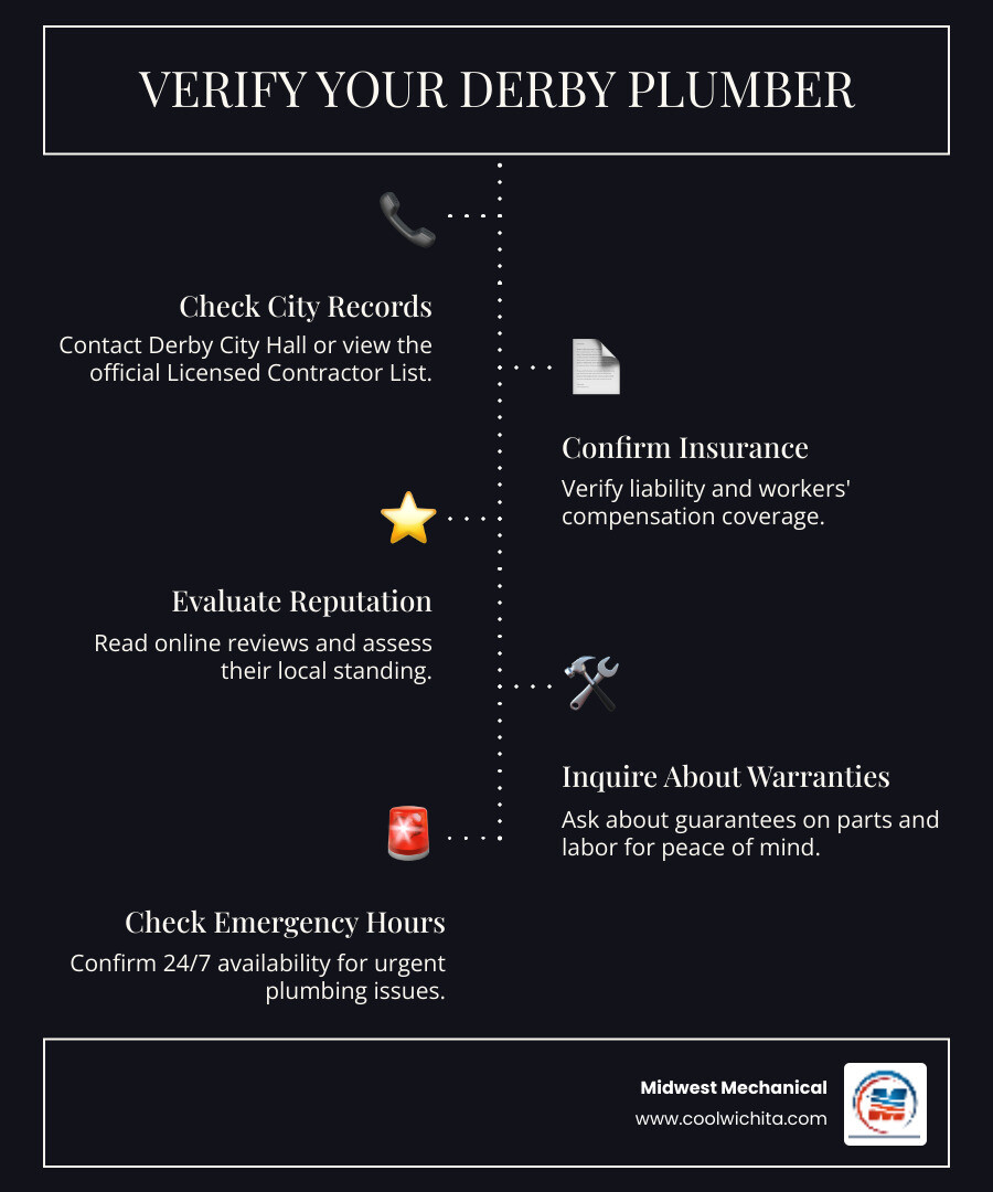Infographic showing the process to find and verify a licensed plumbing contractor in Derby KS: Step 1 - Check the City of Derby Licensed Contractor List or call City Hall at 316-788-6632 Option 2. Step 2 - Verify the plumber has liability insurance and workers compensation. Step 3 - Read online reviews and check local reputation. Step 4 - Ask about warranties on parts and labor. Step 5 - Confirm 24/7 emergency availability. Additional visual elements include icons for a clipboard with checklist, phone, insurance document, star ratings, and wrench with clock symbol. - licensed plumbing contractor in derby ks infographic infographic-line-5-steps-dark