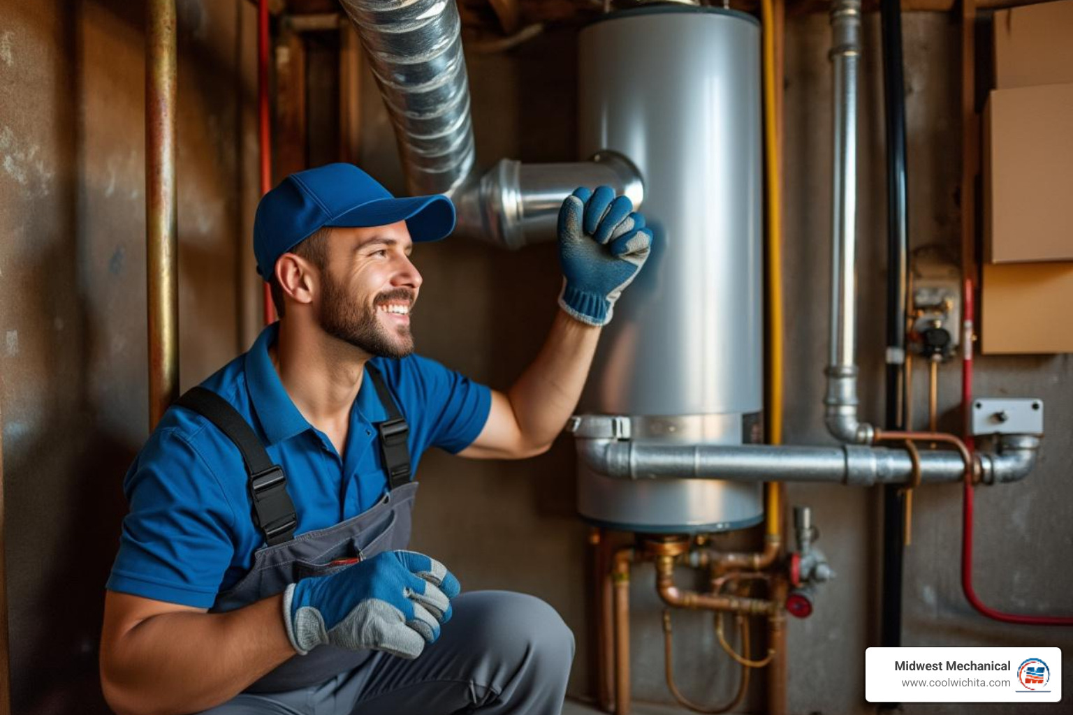 A friendly plumber inspecting a water heater in a residential basement, wearing work gloves and a professional uniform. - licensed plumbing contractor in derby ks