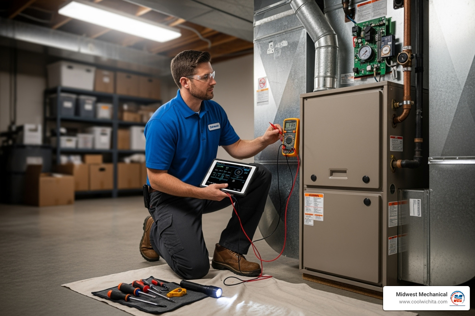 professional HVAC technician inspecting a furnace with diagnostic tools - heating blowing cold air in haysville ks