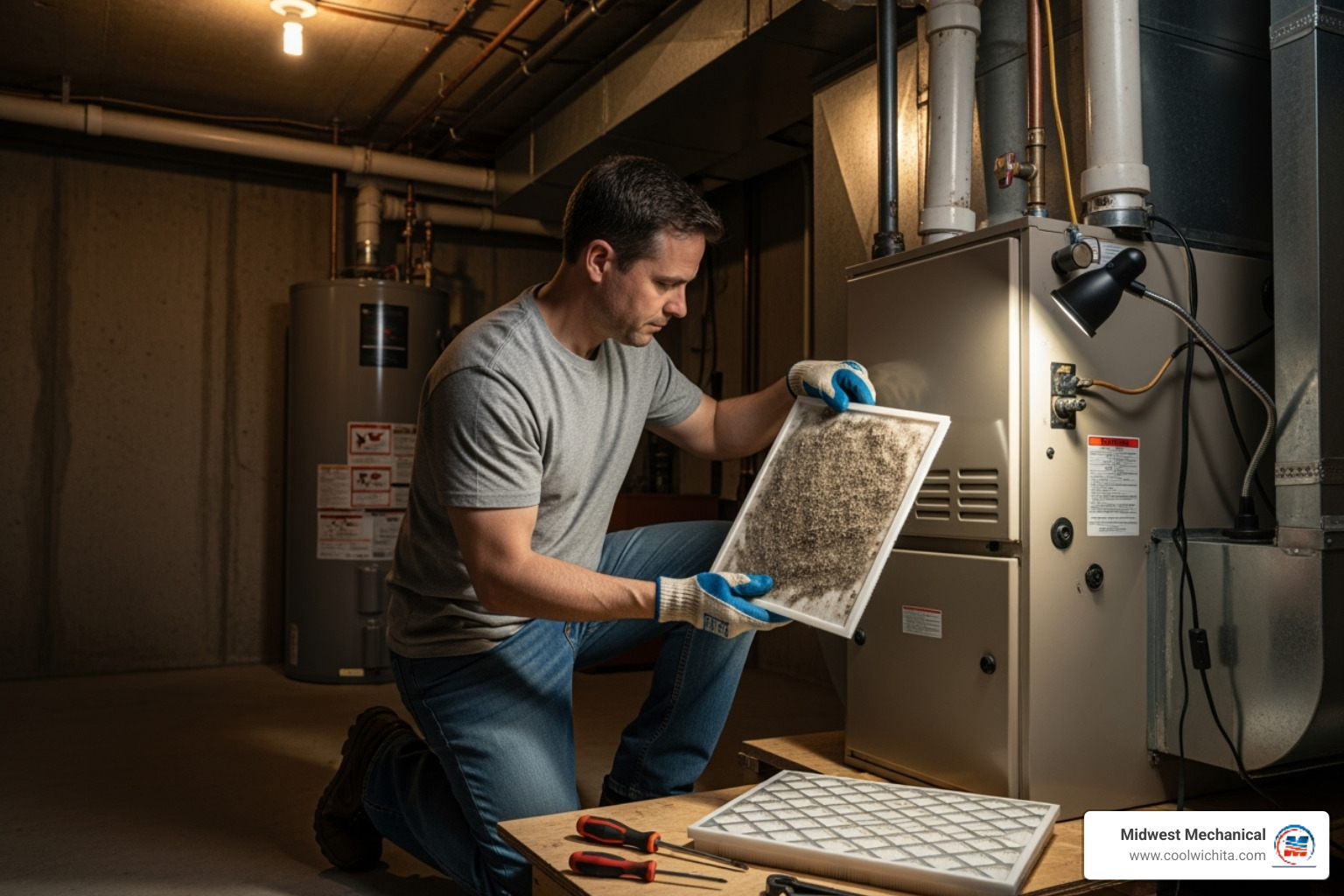 homeowner changing a furnace air filter - heating blowing cold air in haysville ks
