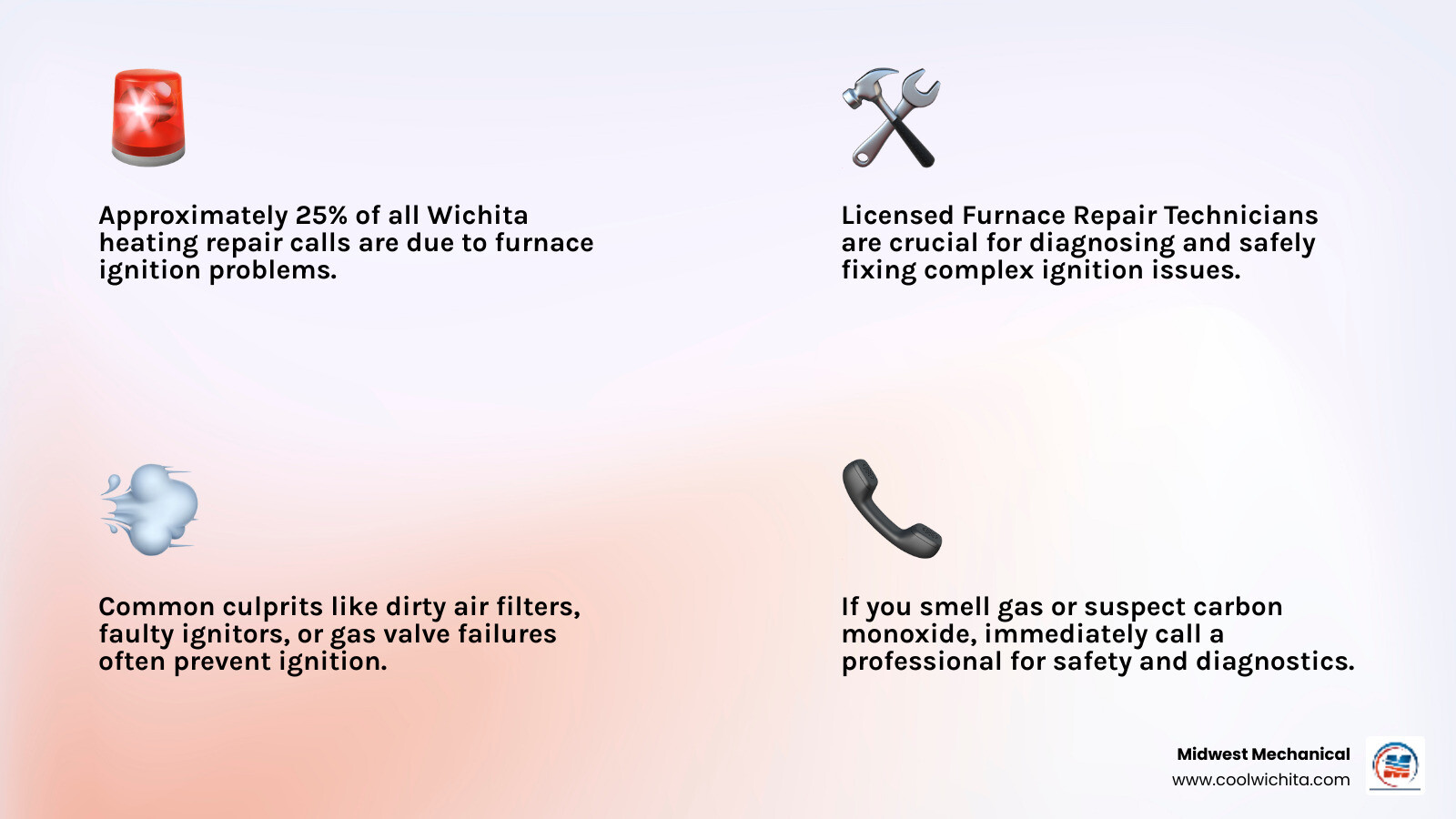 Common causes of furnace ignition failure including dirty filters, faulty ignitors, flame sensor issues, gas supply problems, and thermostat malfunctions, with visual representations of each component and troubleshooting steps - My furnace is not igniting. What are some repair services I can call in Wichita? infographic 4_facts_emoji_light-gradient