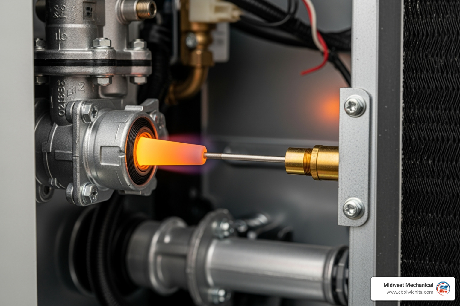 of a furnace's internal components with labels for ignitor and flame sensor - My furnace is not igniting. What are some repair services I can call in Wichita?