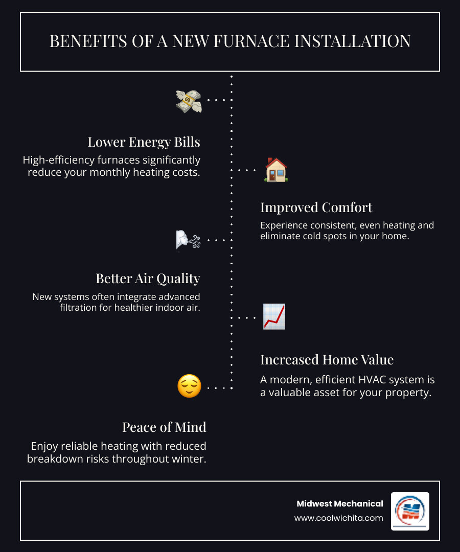 Infographic showing benefits of new furnace: lower energy bills, improved comfort, better air quality, increased home value, and peace of mind. - I need a new furnace installation in Wichita, KS. Who are the most reliable installers? infographic infographic-line-5-steps-dark