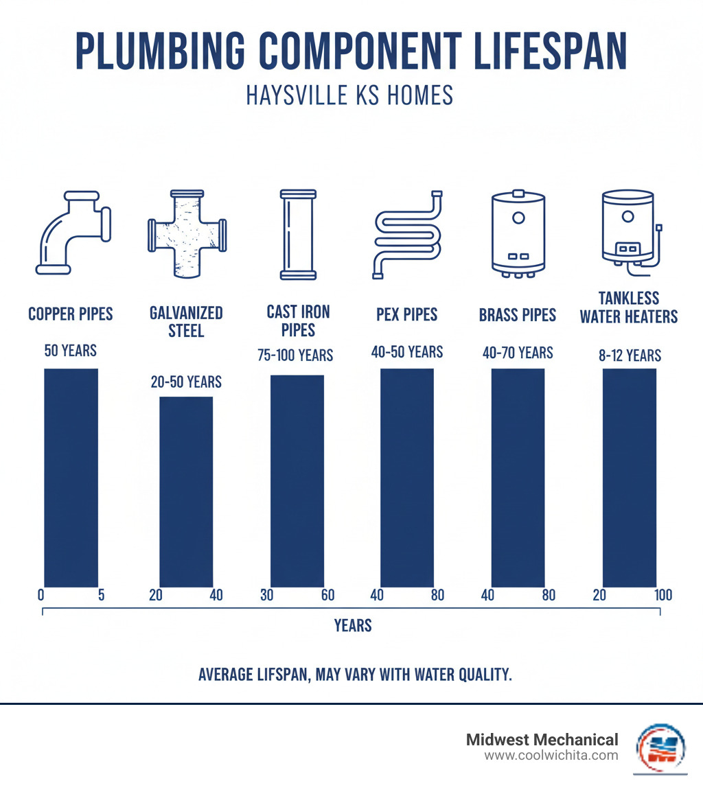 infographic showing average lifespan of plumbing components including copper pipes lasting 50 years, galvanized steel pipes lasting 20 to 50 years, cast iron pipes lasting 75 to 100 years, PEX pipes lasting 40 to 50 years, brass pipes lasting 40 to 70 years, and tank water heaters lasting 8 to 12 years while tankless water heaters last 20 years - plumbing replacement in haysville ks infographic 