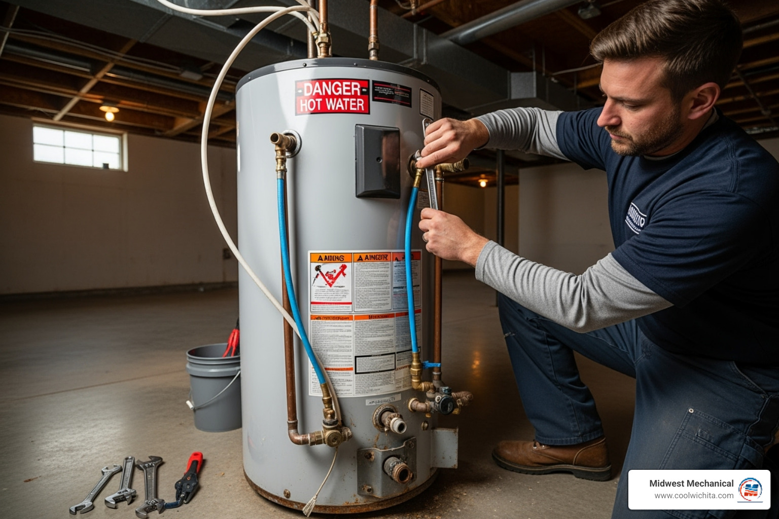 licensed plumber safely disconnecting an old water heater - tank water heaters replacement in goddard ks