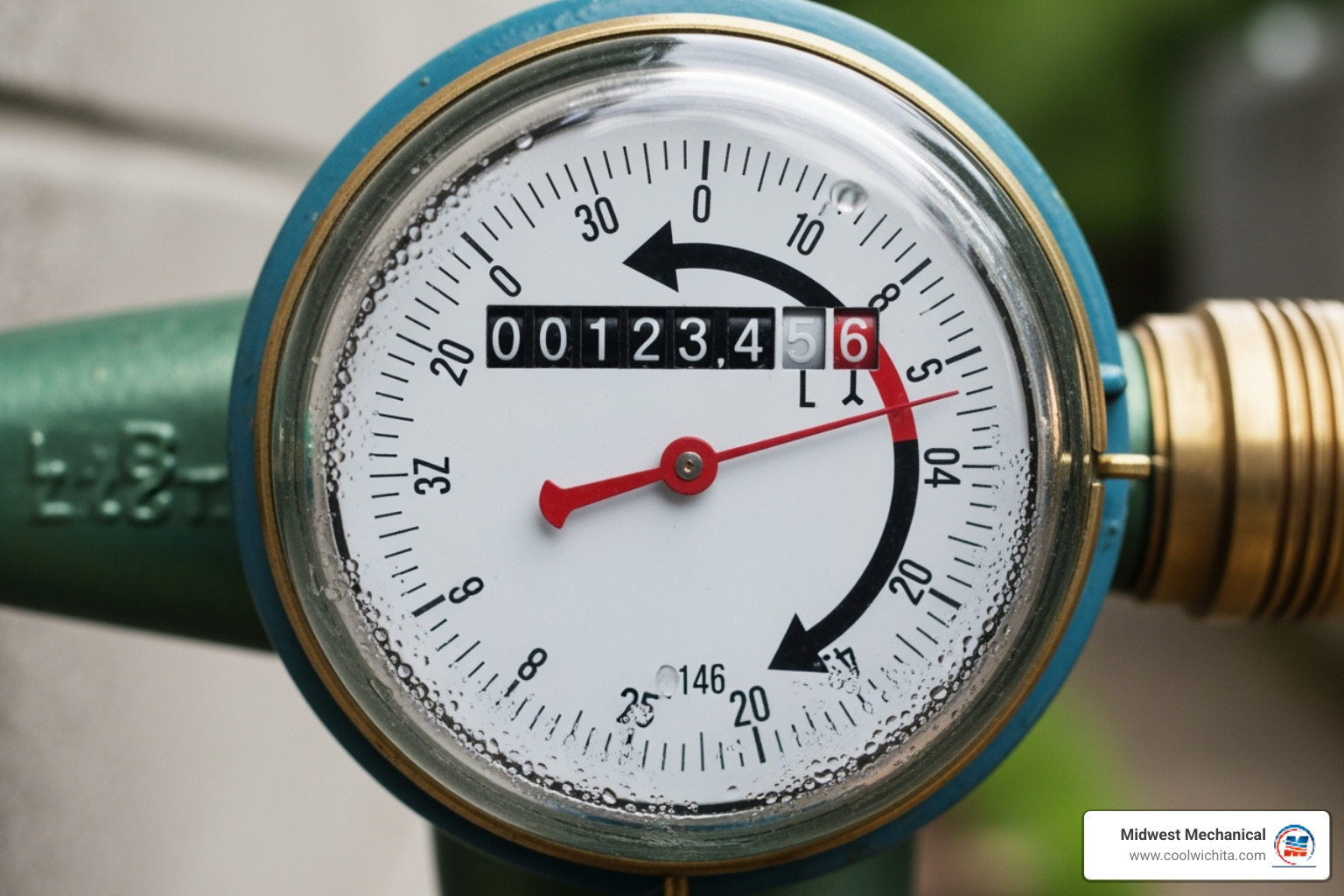Image of a water meter with an arrow pointing to the dial, indicating it's moving - plumbing repair wichita