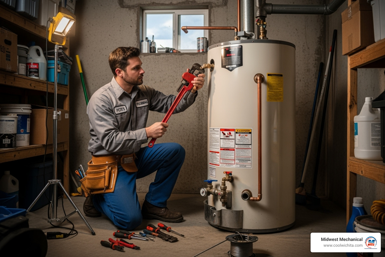 Image of a professional plumber expertly working on a water heater in a utility room - plumbing repair wichita