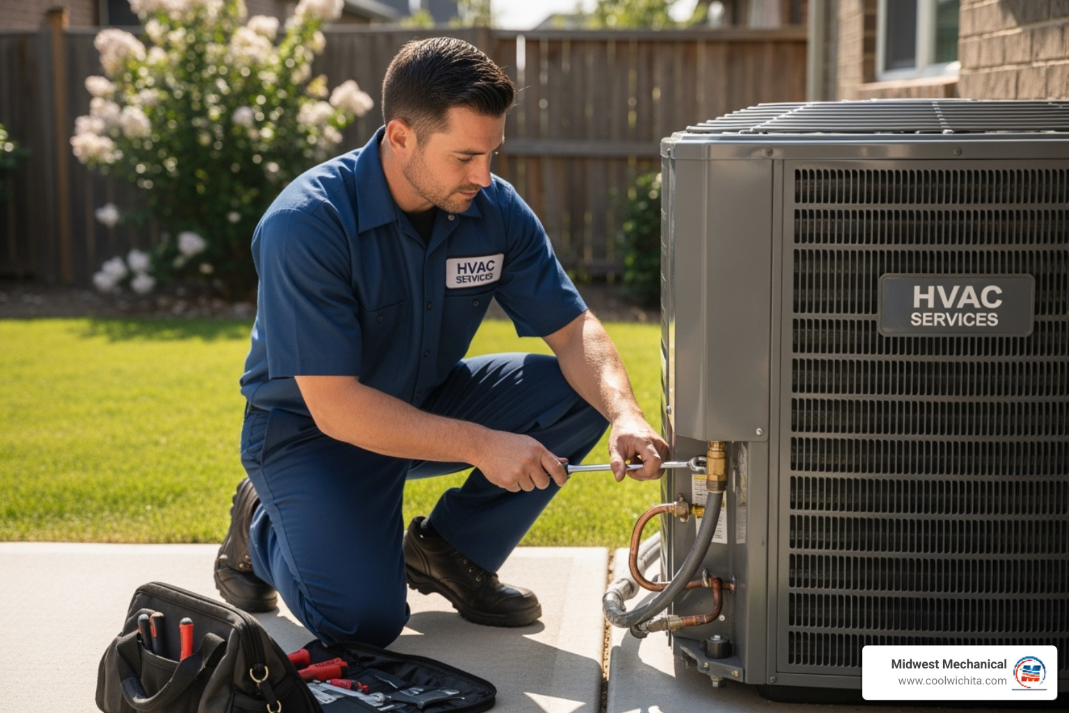 HVAC technician performing routine AC maintenance - 24 hour air conditioning service in mulvane ks