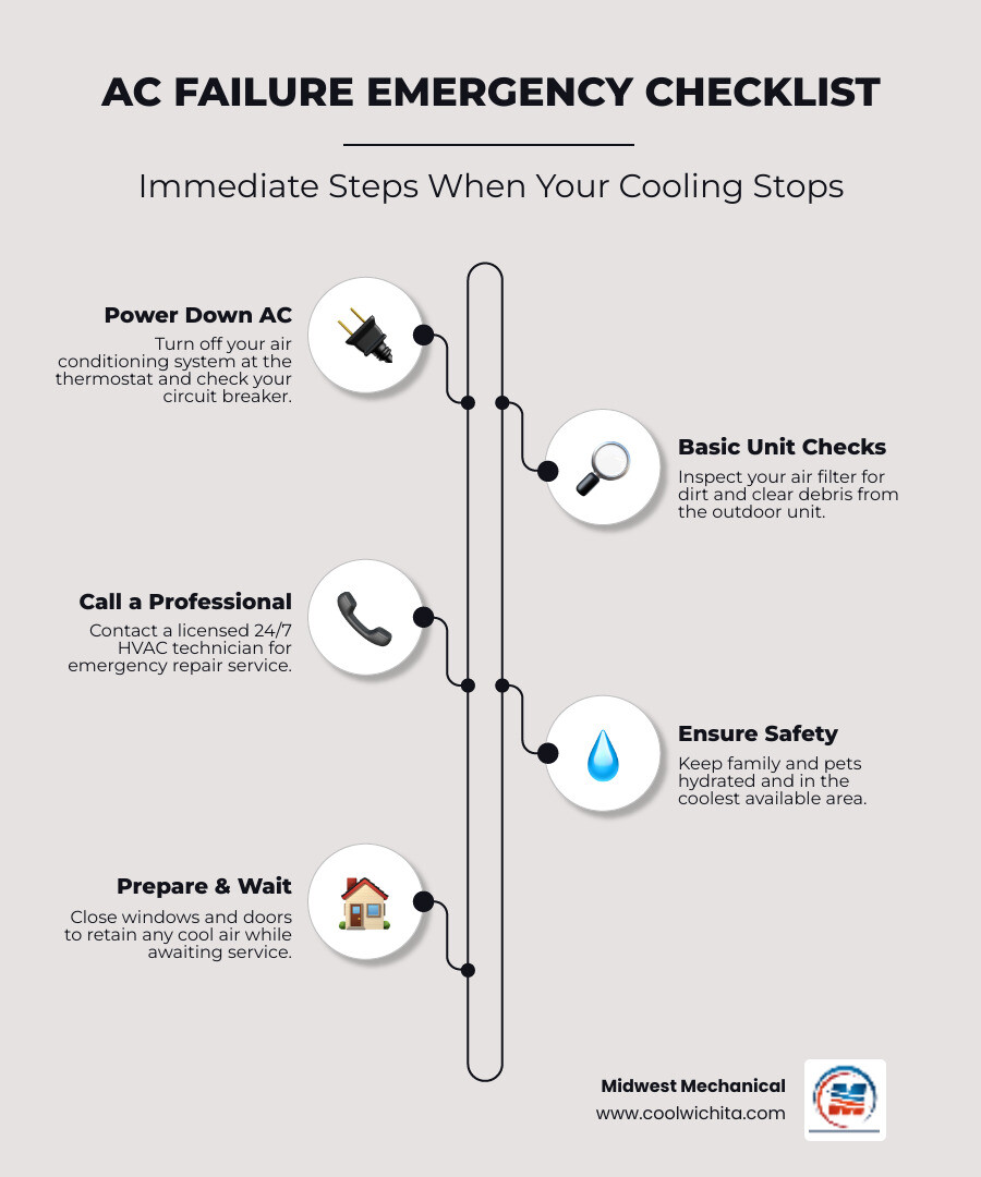 infographic showing steps when AC fails: 1. Turn off system at thermostat, 2. Check and replace air filter if dirty, 3. Verify circuit breaker hasn't tripped, 4. Clear debris from outdoor unit, 5. Call licensed HVAC technician for emergency service, 6. Keep family hydrated and cool while waiting - 24 hour air conditioning service in mulvane ks infographic infographic-line-5-steps-elegant_beige