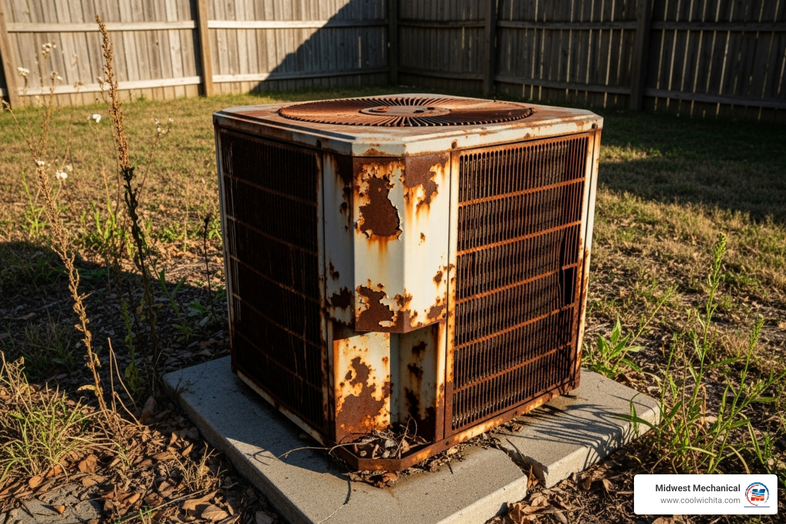 of an old, rusty outdoor AC unit - affordable air conditioning installation in andover ks