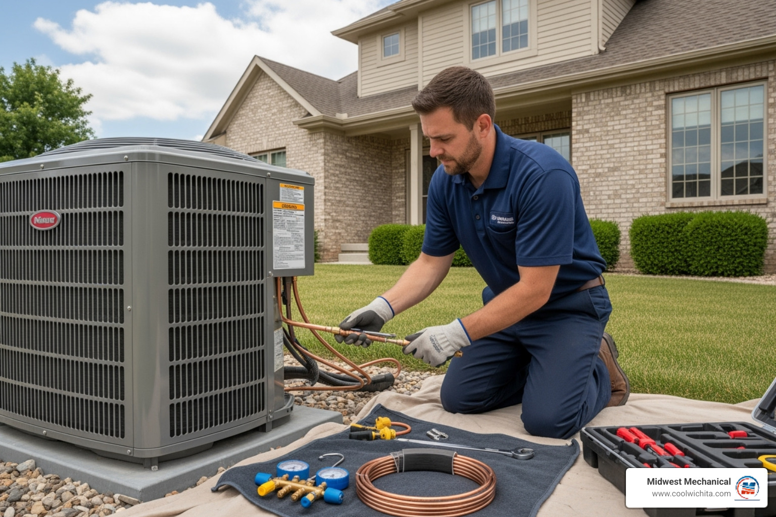 of a professional technician carefully installing a new AC unit - affordable air conditioning installation in andover ks