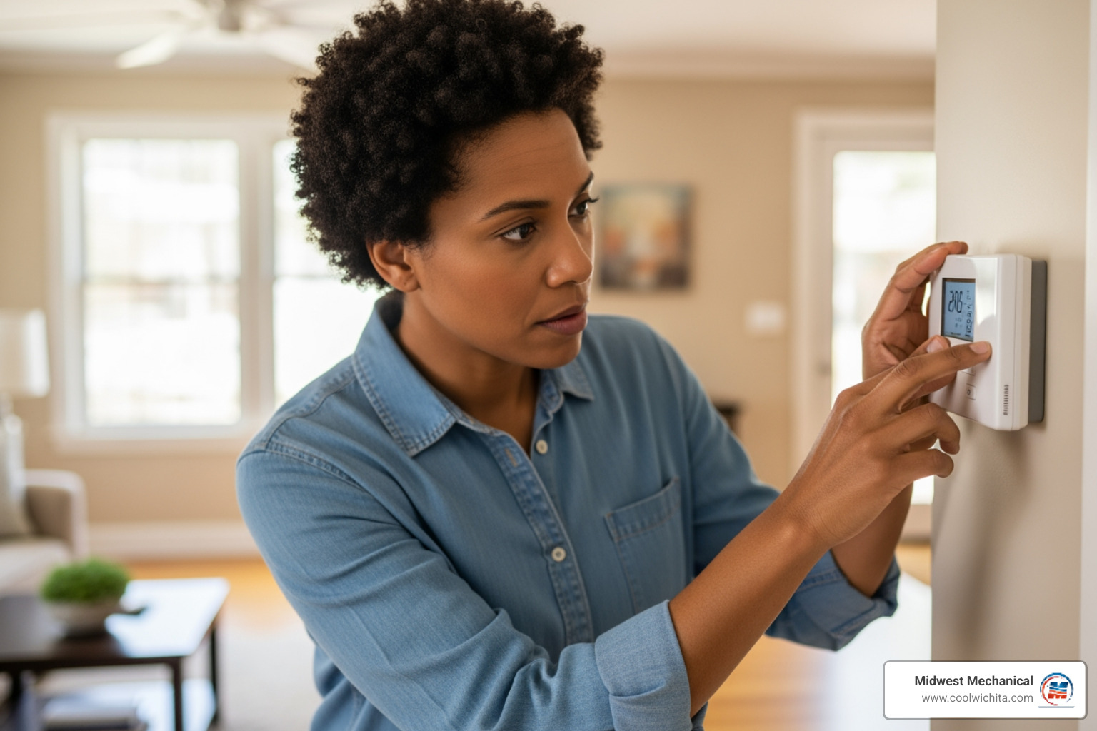 A homeowner checking their thermostat settings for issues - 24 hour air conditioning service in cheney ks A homeowner checking their thermostat settings for issues - 24 hour air conditioning service in cheney ks
