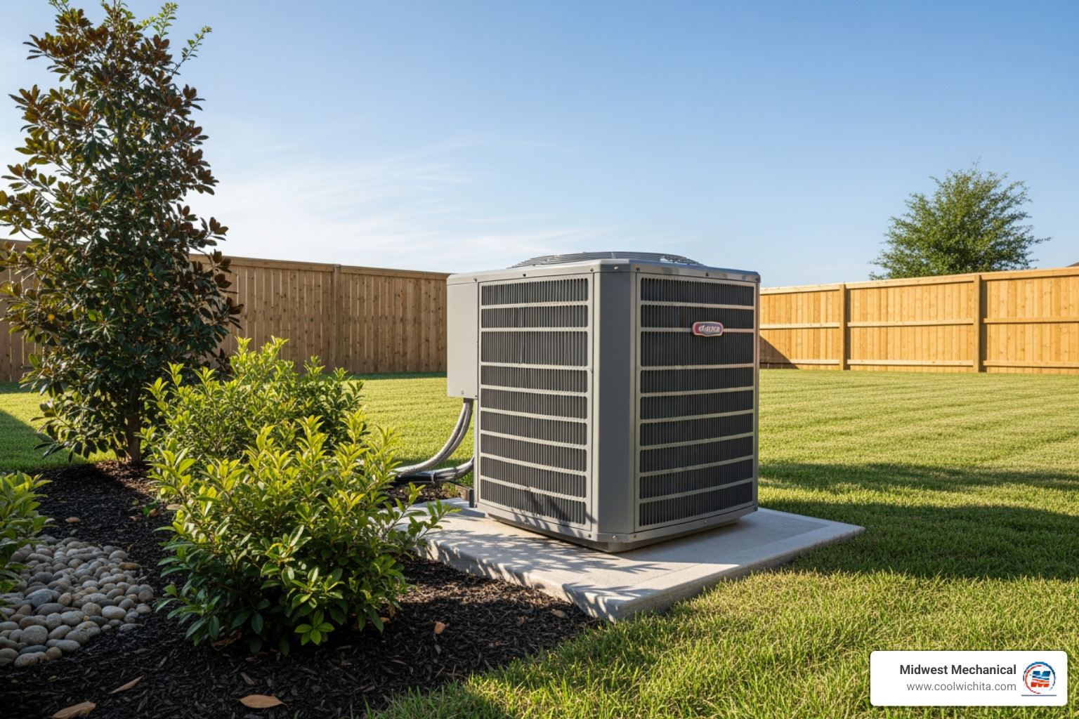 A clean outdoor AC unit in a well-maintained yard, free of debris - 24 hour air conditioning service in cheney ks A clean outdoor AC unit in a well-maintained yard, free of debris - 24 hour air conditioning service in cheney ks