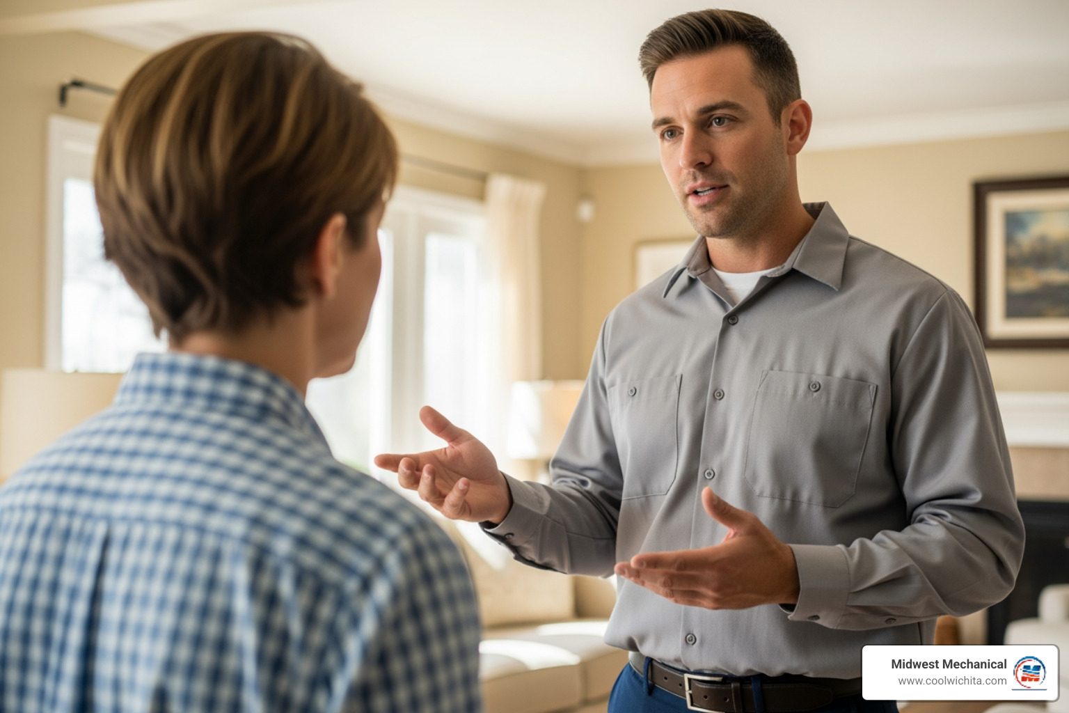 A professional HVAC technician explaining a diagnosis to a homeowner in their living room - 24 hour air conditioning service in cheney ks A professional HVAC technician explaining a diagnosis to a homeowner in their living room - 24 hour air conditioning service in cheney ks