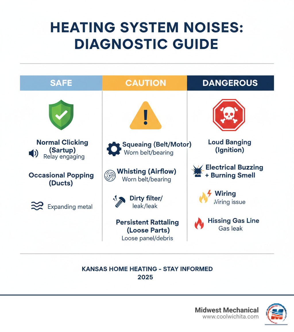 infographic showing common heating system noises arranged by severity level with three categories: Safe (normal clicking at startup, occasional popping from ducts), Caution (squealing, whistling, persistent rattling), and Dangerous (loud banging, electrical buzzing with burning smell, hissing near gas line). Each noise includes an icon and brief description of the cause. - heating making noise in haysville ks infographic 